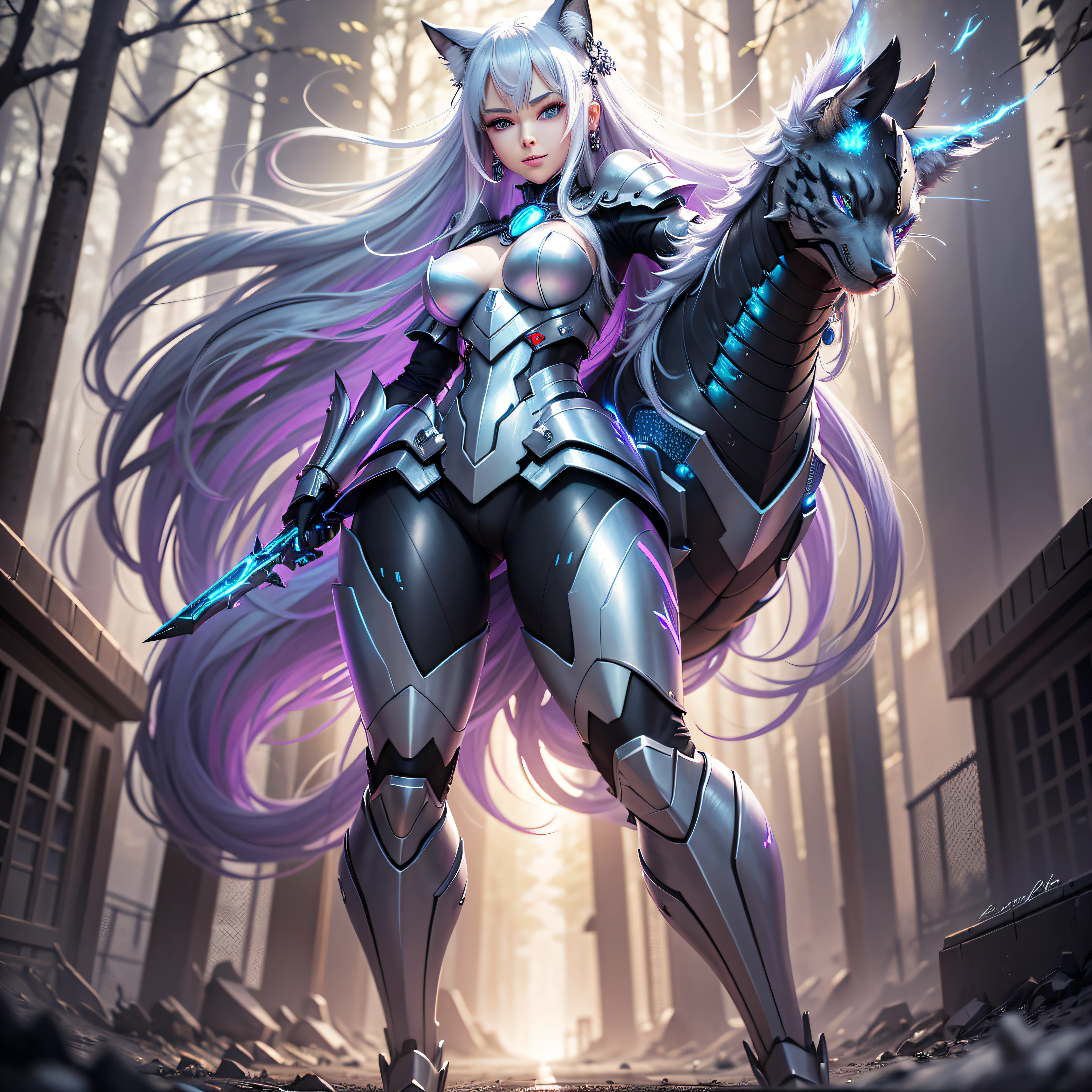Life like sexy anime cyborg cat girl with long white hair and blue eyes, full body portrait, white and black battle dress, battle armor, life like characteristics,ultra realism, Soft smile, riding a mystical black dragon,apocalyptic background, naughty pose, hyper realistic, 3 d anime realistic, advanced digital anime art,extremely detailed art germ, 8k high quality detailed art, solo,full body portrait, amazing beauty,, dynamic pose, delicate face, vibrant eyes, (from the front), silver hair, streaked hair, very long hair, expressive hair, multicolored eyes, aqua eyes, purple eyes, fox ears,heart earrings, earrings, light smile, shy, blush, parted lips, licking lips, heavy breathing, naughty face, naughty, sparkle, god rays, super detail, high quality, anatomically correct, textured skin, best quality,full body portrait,silver wolf,seen from below,guweiz on artstation pixiv, forest back ground, resolution 4098x2160, 8k --auto --s2