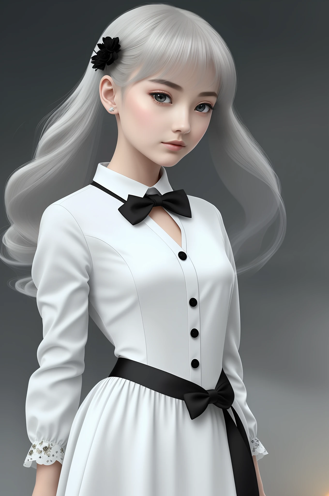 Masterpiece, beautiful, beautifully illustrated, feminine girl, delicate and detailed aura, (War Fire: 1.2), (Nuclear explosion behind: 1.3), rain droplets, delicate lighting, delicate water mist, (Beautiful and delicate eyes: 1.1), shy expression, magnificent palace, sky blue long hair, fluffy hair, long eyebrows, (elegant white dress: 1.1), black ribbon, white dotted bow tie, show off the slim, flowers in the sky, long-sleeved shirt.