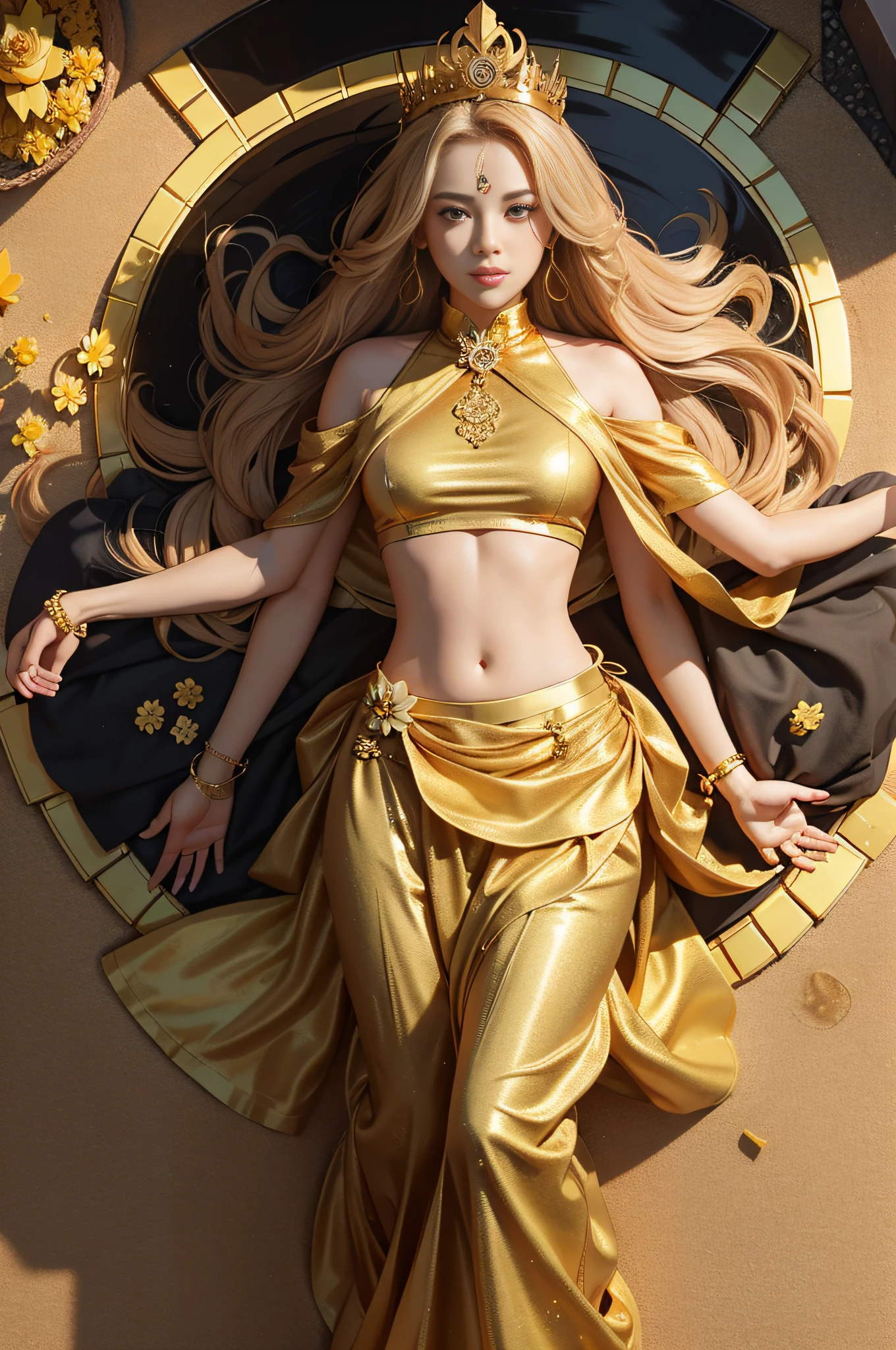 Golden sky, the ground is covered with gold bricks, square gold bricks, the ground is as flat as a mirror, a pool covered with golden sand, no walls, lotus flowers as big as wheels, colorful lotus flowers, people in the sky, with five Buddha crowns, golden onyx, golden marble, golden buildings
