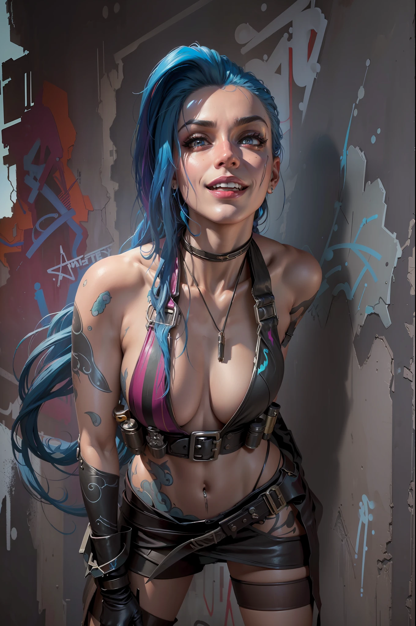 ((Best quality)), ((masterpiece)), (highly detailed:1.3), arcane style, comic style + hyper-realistic oil painting, full cinematic poster of Jinx from Acane in dynamic pose, Big smile. highly detailed, detailed face, realistic, Hot body, Nice boobs, NSFW. Background Dystopian and abandoned environment with graffiti on the walls , vibrant colors.