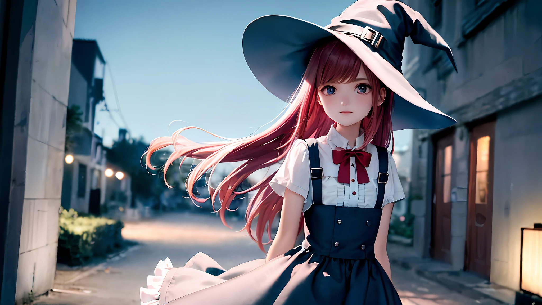 1girl, (masterpiece:1.1), (best quality:1.1), (white blouse:1.1), (red cake dress:1.1), little witch, black witch hat, red high-waisted skirt, BREAK [blue:pink:0.5] theme, (Urban Background: 1.1), upper body, denim lens, break redhead, long hair, blue eyes, sideways, standing, Night, garden, moonlight