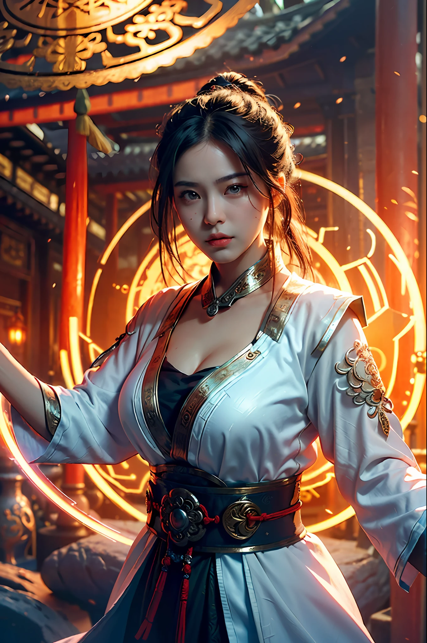 Best quality,masterpiece,ultra high res,(photorealistic:1.4),xiuxian,weapon,Detailed face,
1girl,solo,weapon,cleavage,(magic circle:1.2),xiuxian,upper body,Beautiful girl,full body,east asian architecture,sheath,architecture,