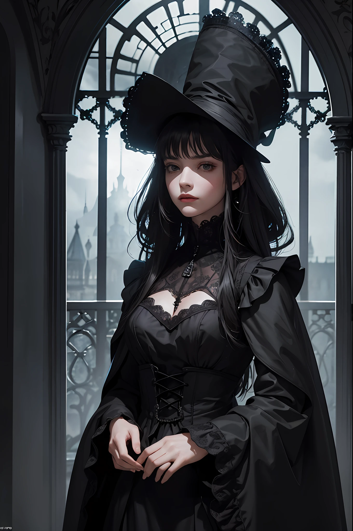 Official Art, Unity 8k wallpaper, super detailed, beautiful, beautiful, masterpiece, best quality,
darkness, atmosphere, mystery, romanticism, creepy, literature, art, fashion, victorian, decoration, intricacies, ironwork, lace, contemplation, emotional depth, supernatural,
1 girl, solo, neck, bust composition, gothic