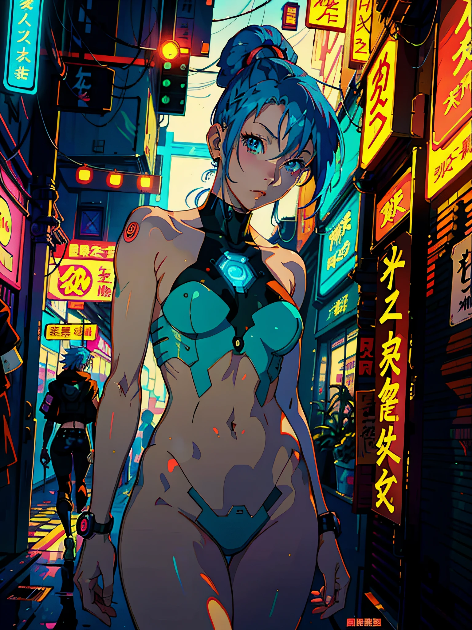 anime, ((woman)), perfect lighting, warm colors, photorealistic, a digital painting of a blue-haired woman, cyberpunk art, lofi, neon, manga, studio ghibli, anime aesthetic, minimalist setting, masterpiece, anime 90's style, nude, skin ghost in the shell,
