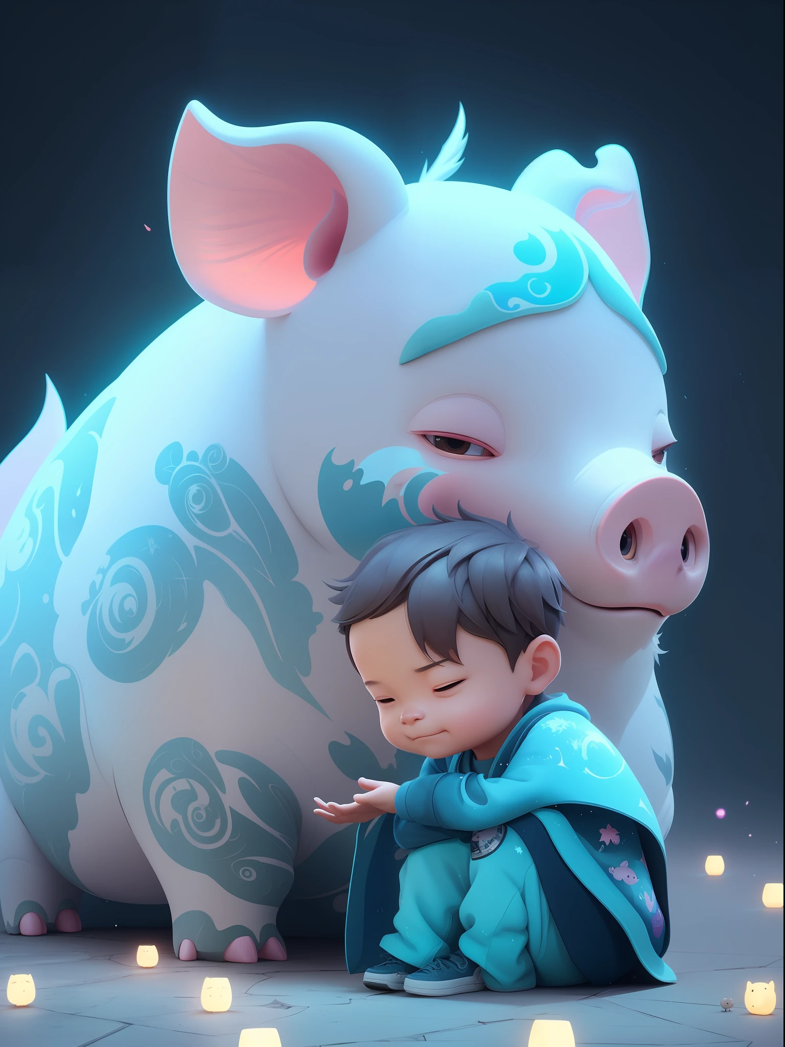 there is a little boy sitting next to a pig statue, adorable digital painting, ross tran and bayard wu, trending on cgstation, cute 3 d render, cyril rolando and goro fujita, cute detailed digital art, wlop and ross tran, animated film, ross tran 8 k, rossdraws global illumination, artwork in the style of guweiz