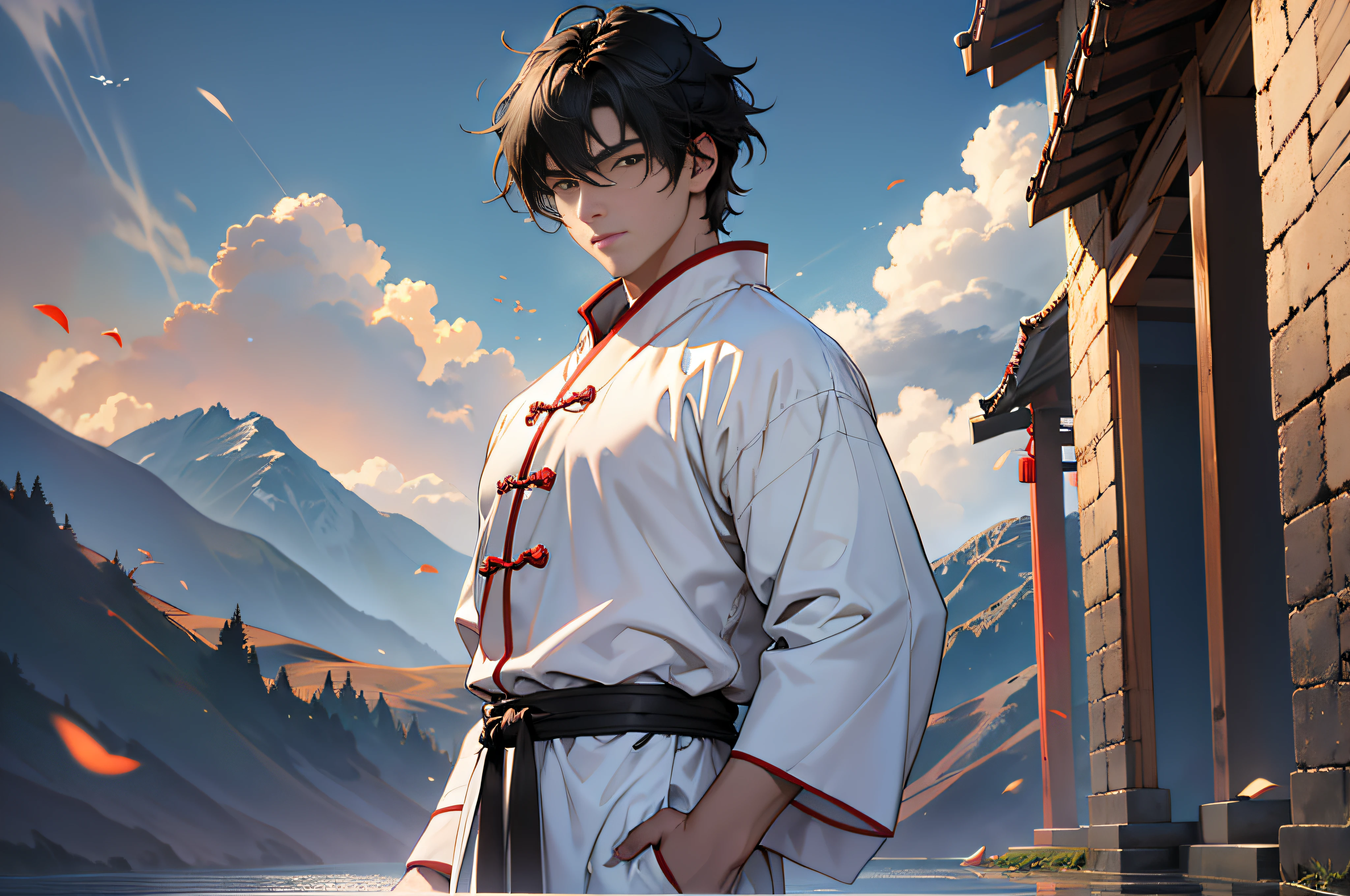 Best Quality, Masterpiece, High Resolution, 1boy, Ancient Chinese, 18 years old, short black hair, white pajamas, huge mountains, dark effect, 4k, 8k. Chinese ancient style. (High Detail Skin: 1.2), 8K UHD, DSLR, Soft Light, High Quality, Volumetric Light, Voyeur, Photo, High Resolution, 4K, 8K.
