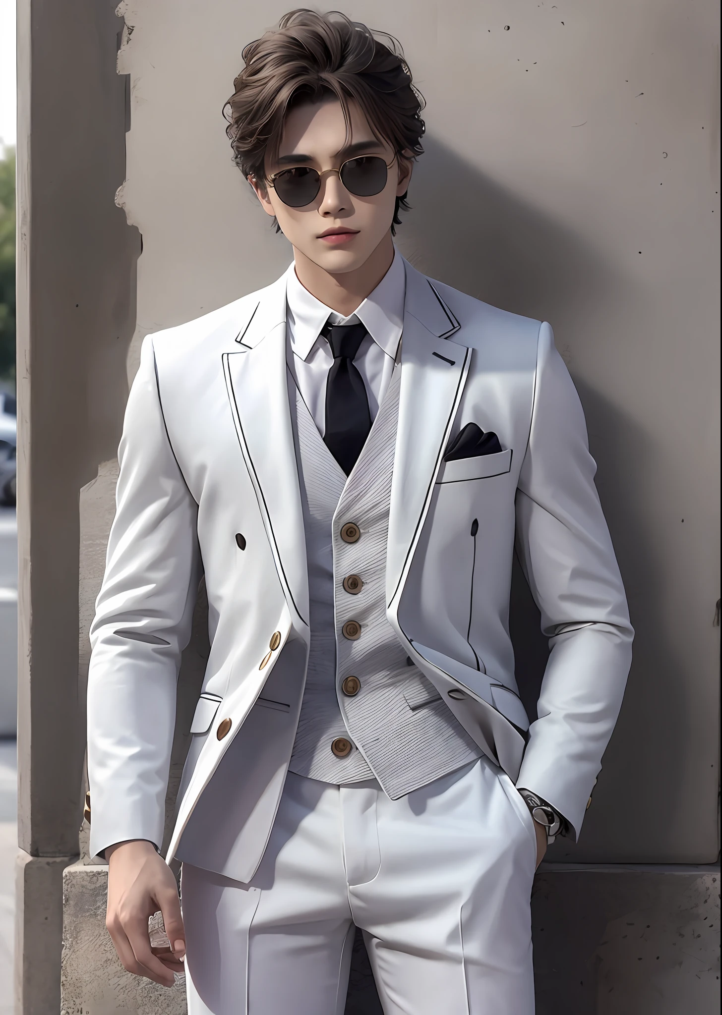 1 boy, head, white suit, 20s. Sunglasses.