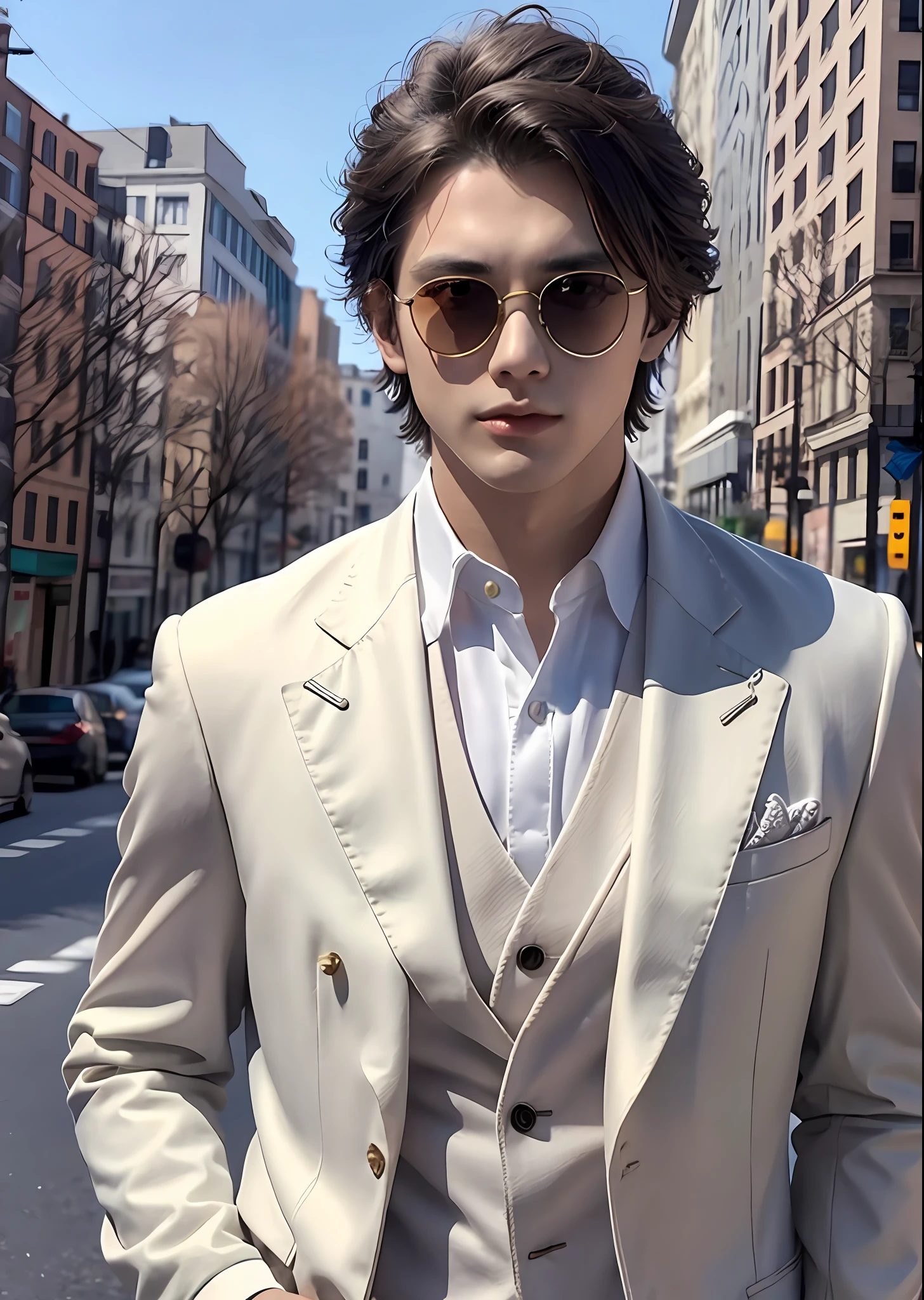 1 boy, head, white suit, 20s. Sunglasses.