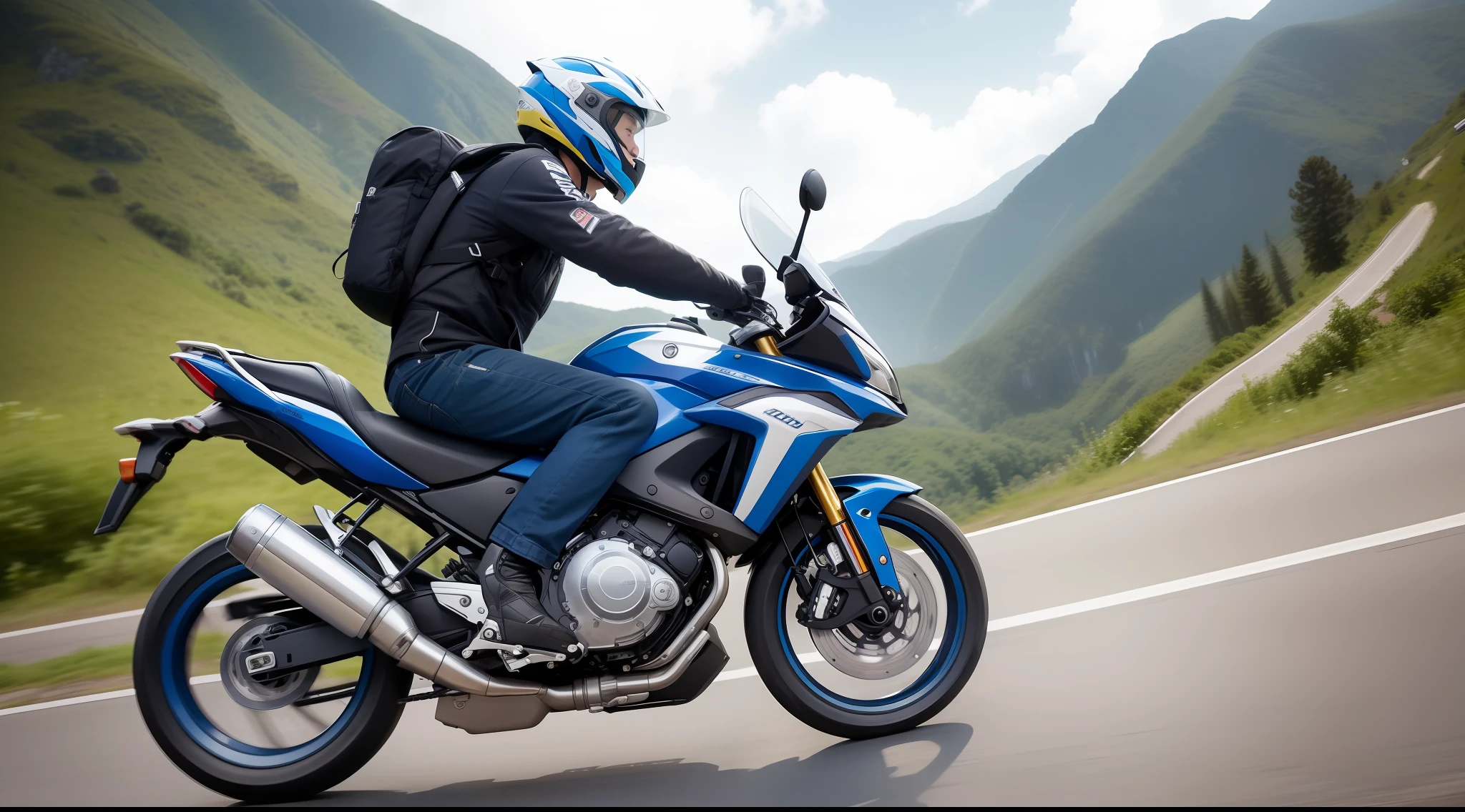 [Illustration Split] comic page, there are multiple pictures on one page: a Chinese man with a green backpack, riding a blue-white motorcycle, driving on a mountain road (back, first view, GoPro, f/2.8, motion blur, diffuse backlight). [Multi-angle continuous shooting] in Nicolas Bouvier's style, cobalt blue and reflective silver, motion picture film P30, split composition