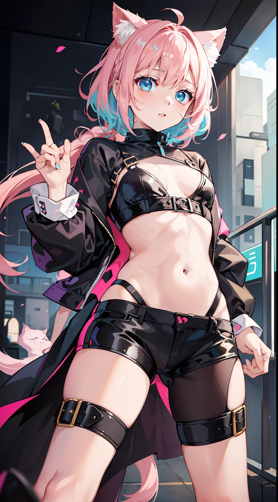 Young girl, short pink hair, cyan eyes, cat ears, pale skin, clothes, open belly, masterpiece, high quality