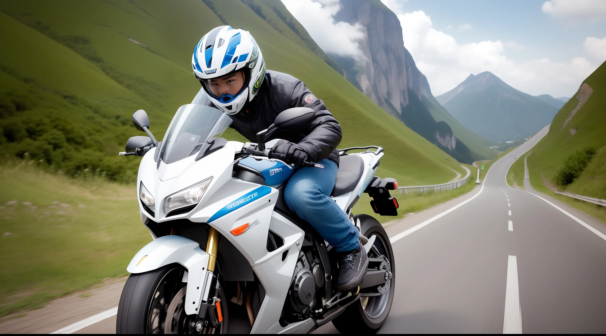 [Illustration Split] comic page, there are multiple pictures on one page: a Chinese man with a green backpack, riding a blue-white motorcycle, driving on a mountain road (back, first view, GoPro, f/2.8, motion blur, diffuse backlight). [Multi-angle continuous shooting] in Nicolas Bouvier's style, cobalt blue and reflective silver, motion picture film P30, split composition