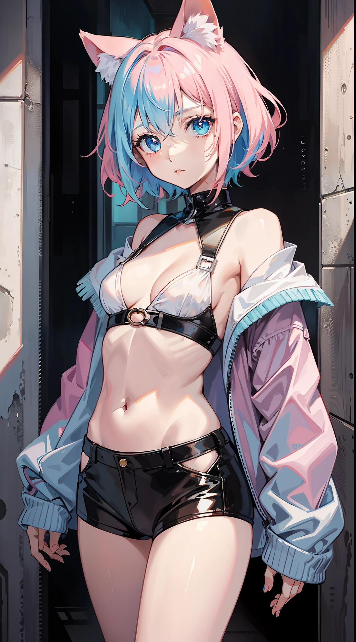 Young girl, short pink hair, cyan eyes, cat ears, pale skin, clothes, open belly, masterpiece, high quality