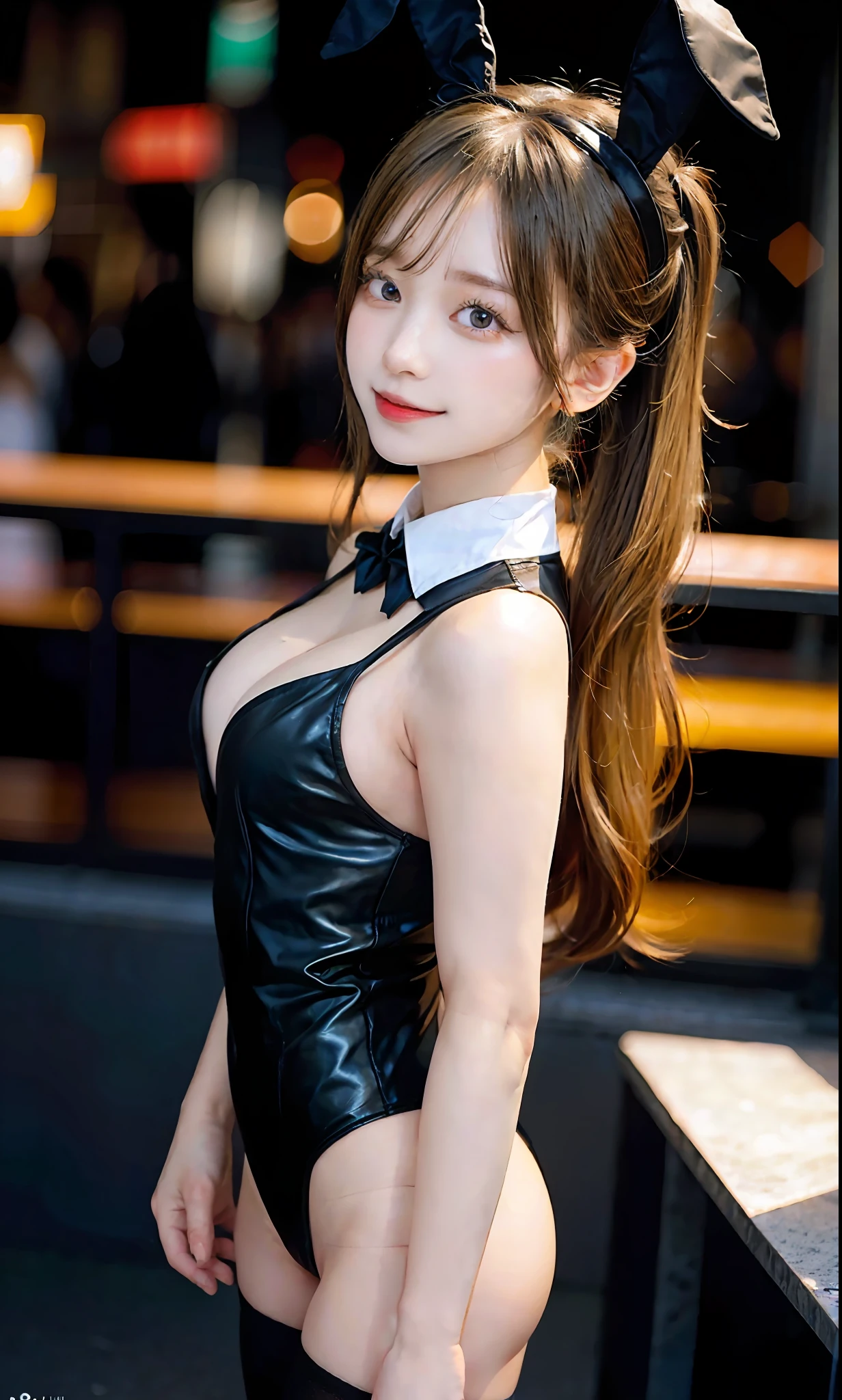(RAW photos: 1.2), top quality, beautiful detailed girl, bunny girl, from below, twin tails, blonde, smile, highly detailed eyes and face, beautiful detailed eyes, huge file size, high resolution, 8k wallpaper, fine details, highly detailed ticker uniform 8k wallpaper, light on face, movie lighting, girl, sexy pose, otorealism: 1.4), illustration, super detail, masterpiece, playboy bunny,t pantyhose, hands foldhind your back