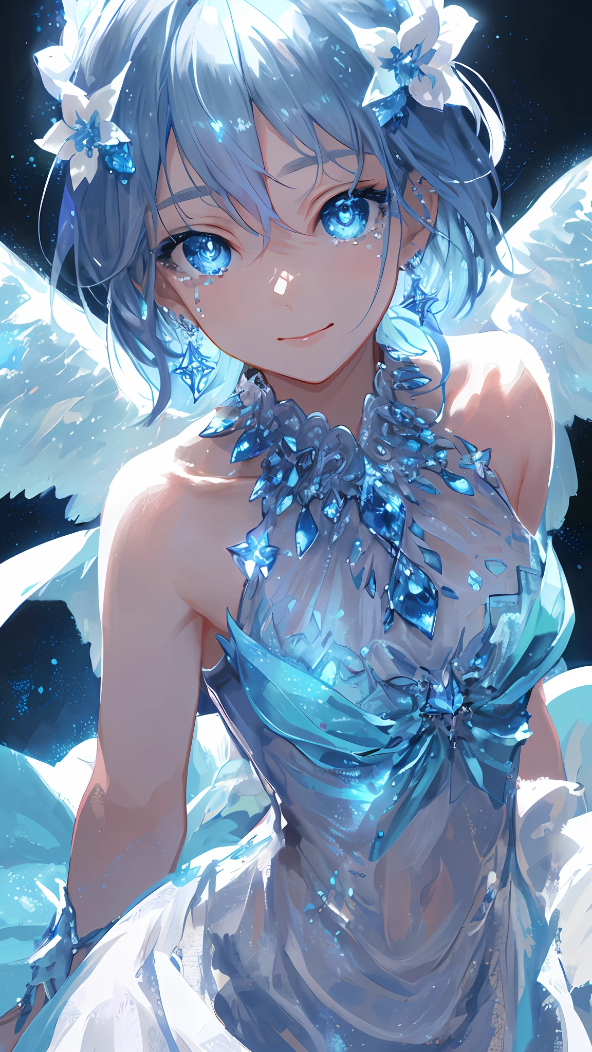 Masterpiece, Best Quality, Illustration, Sax Blue, Platinum Earrings, Platinum Necklace, Blue Dress, 1girl, Cute, (Dynamic Lighting:1.2), Cinematic Lighting, Delicate Facial Features, Detailed Eyes, Sharp Pupils, Realistic Pupils, Depth of Field, Bokeh, Sharp Focus, (Ultra Detailed, Bloom, Glow:1.4), Many Little Jewels,Angel Wings,Beautiful Abs, Smiling expression with tears of emotion, background is a full moon night