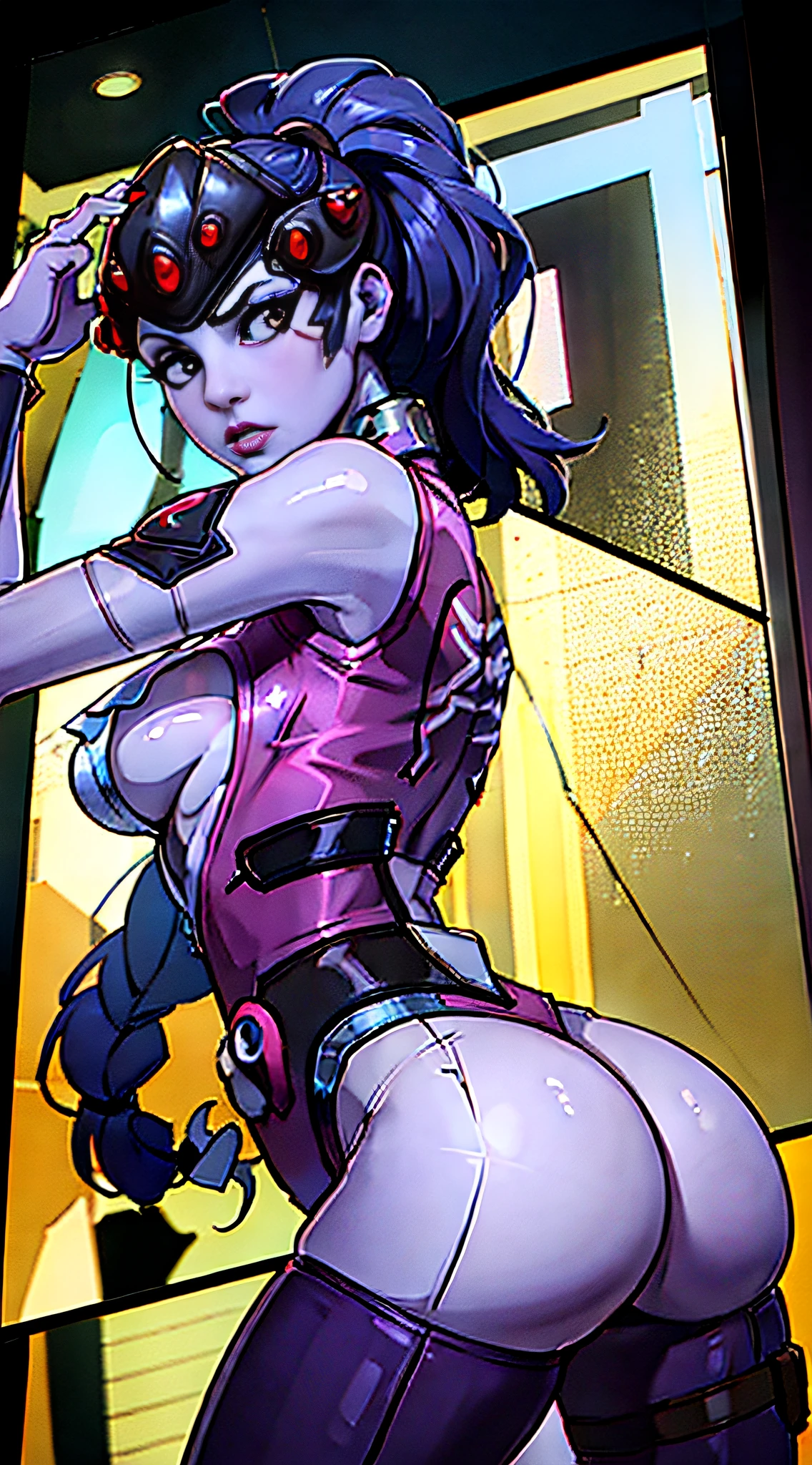 Widowmaker, pin up, small breasts, long hair, ponytail, purple skin, visor, bodysuit, big butt, undressing, correct anatomy, slim, gorgeous, sexy, taking a selfie, battle damaged bodysuit, teared up bodysuit, battledamage, sniper rifle, overwatch, nighttime,