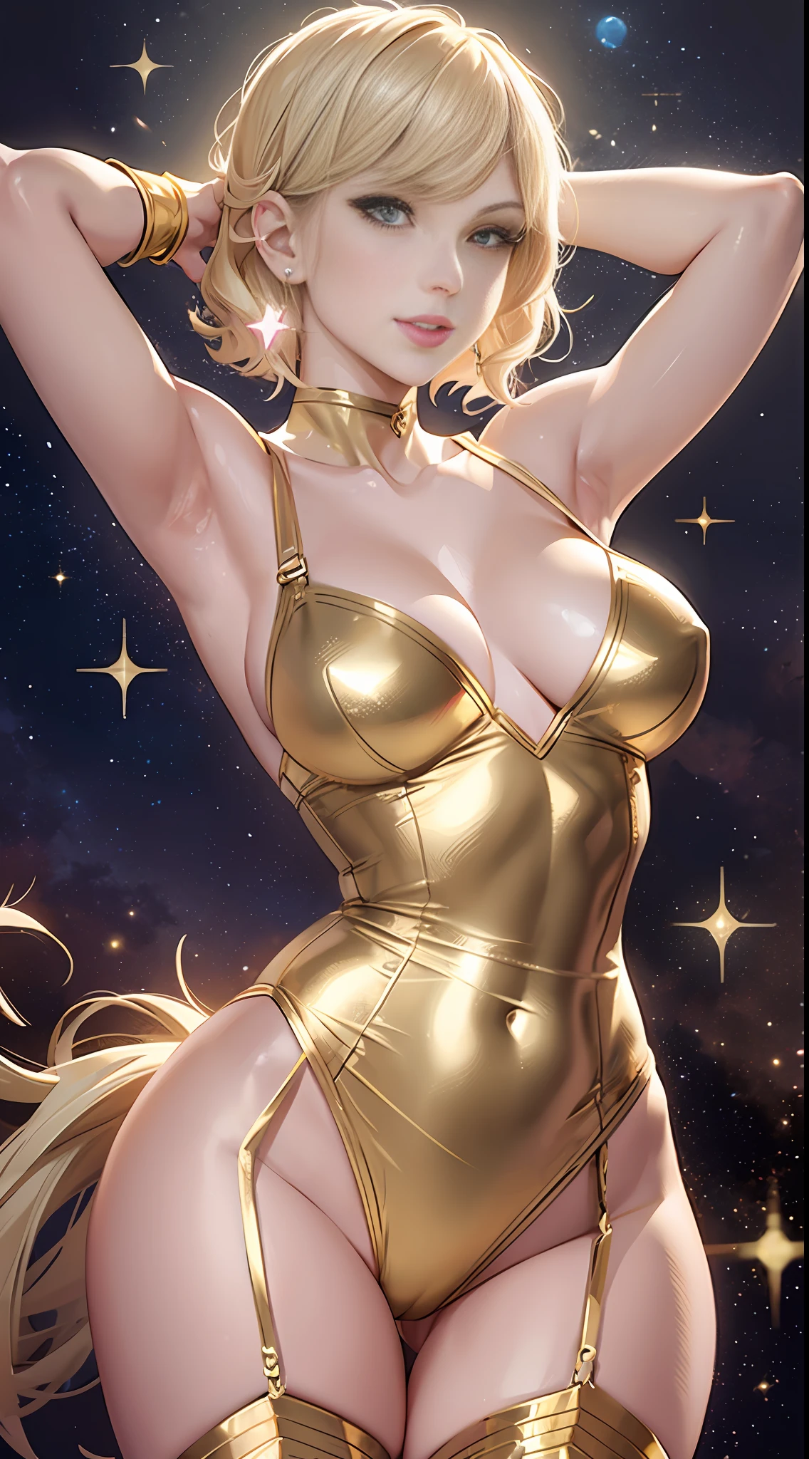 Women with moderate breast size, Taylor Swift, smile, platinum blonde hair, Beautiful body, gold leotard, Gold bunny girl, gold garter belt, realistic, perfect lighting, less shading, full moon, starry sky