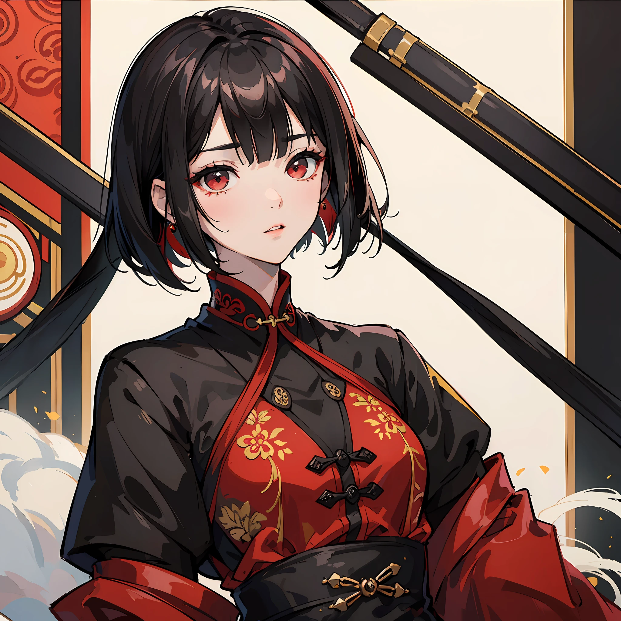 ((masterpiece)),((best quality))),woman,, black hair, short bob, , black and red cheongsam, stylish, --auto --s2