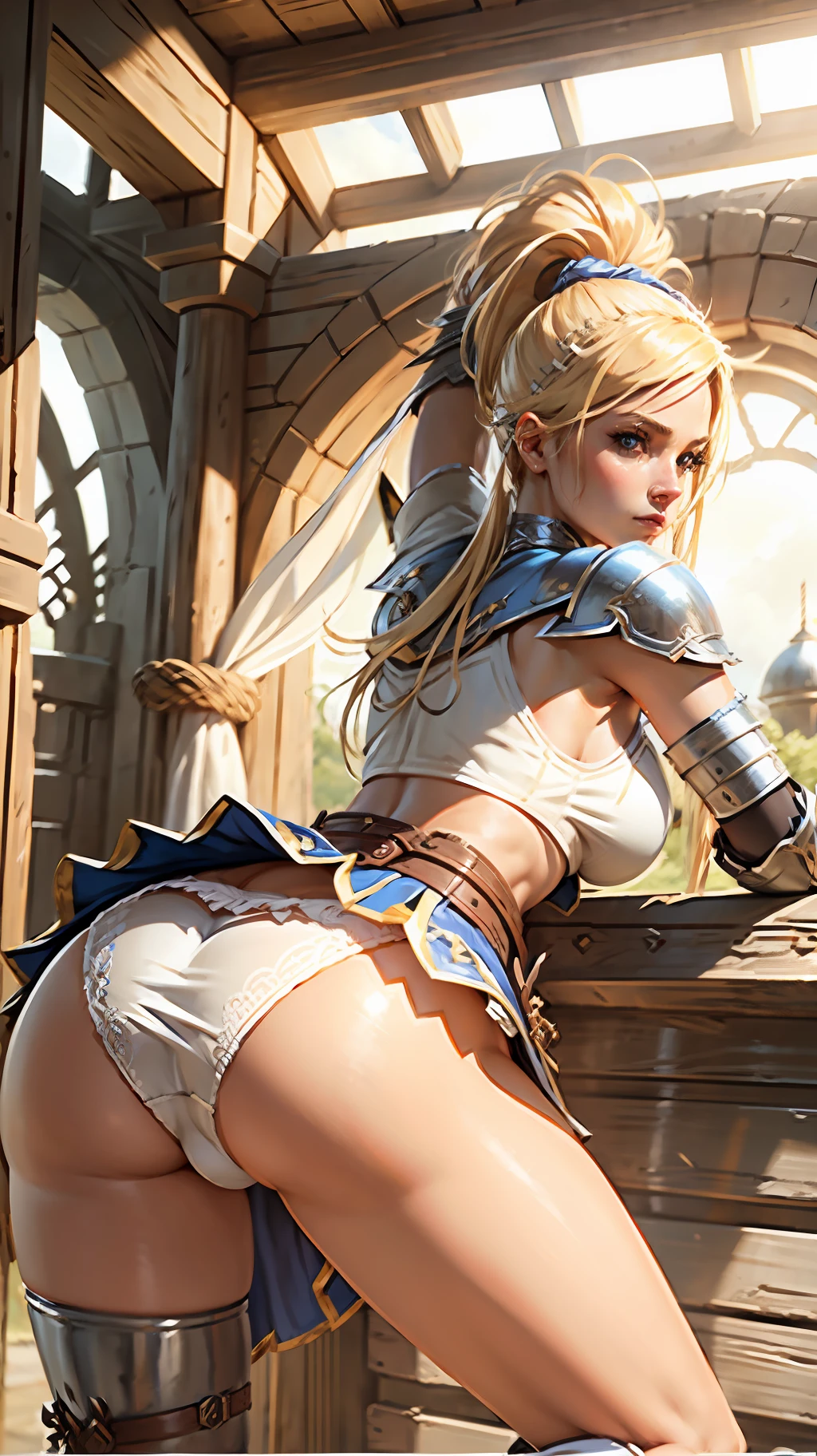 Warrior blonde, costume, best quality, 8k, wallpaper, hyper detailed, hyper realistic, short skirt, blue skirt, white panties, panties appearing, thong, realistic, D&D, cameltoe, back, pantyshot, upskirt, Steel gauntlets, steel boots, steel breastplate, RAW, medieval fantasy,