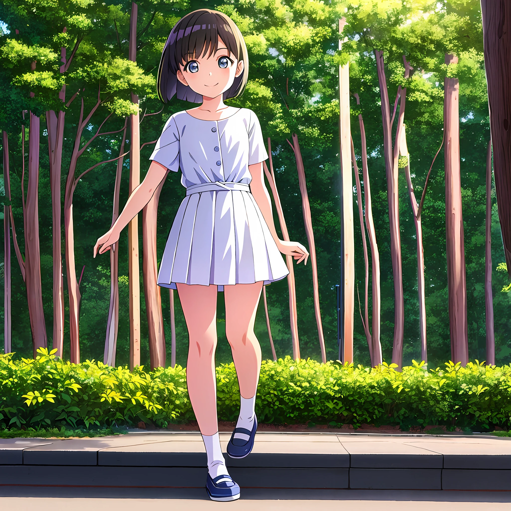 Anime girl in a short dress standing in front of a forest - SeaArt AI
