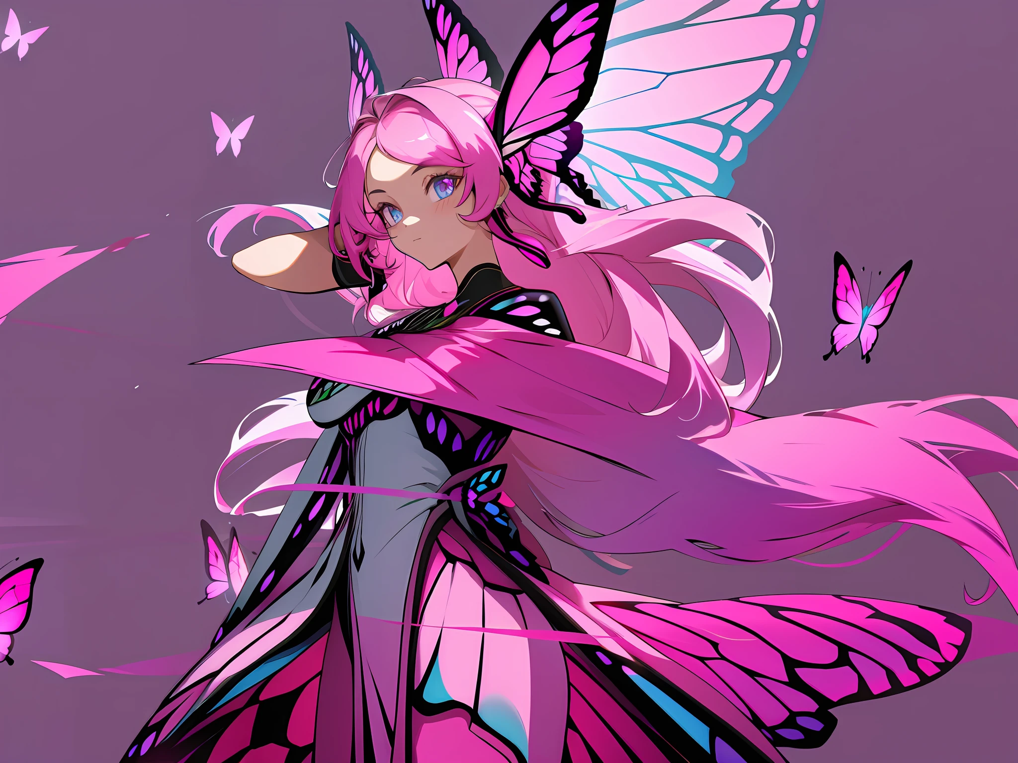 ((masterpiece)),(((best quality))),((character design sheet,same character,front,side,back)),illustration,1 girl,long hair,hair on eyes, colorfull hair,beautiful eyes,environment Scene change, pose too, pink color palette, neon colors, female butterfly, butterfly antennae, holds a crosier, charturnbetalora, 8k,16k, (simple background, white background: 1.3)