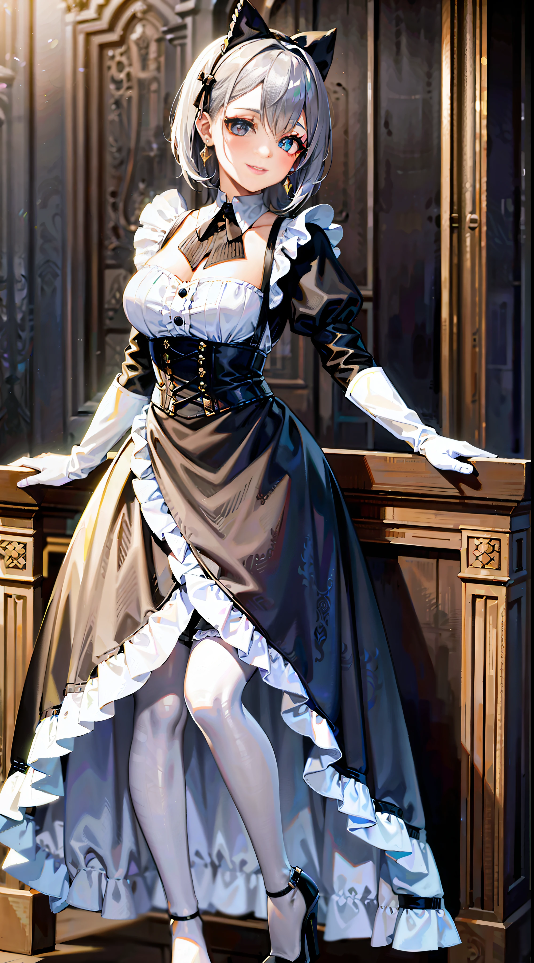 Painted smoky makeup, eye shadow, maid girl, lush silver hair, wearing hair accessories and earrings, sweet smile. She wore a maid skirt, a wool shawl, pantyhose, high heels, lace gloves. Medieval European interior scene.