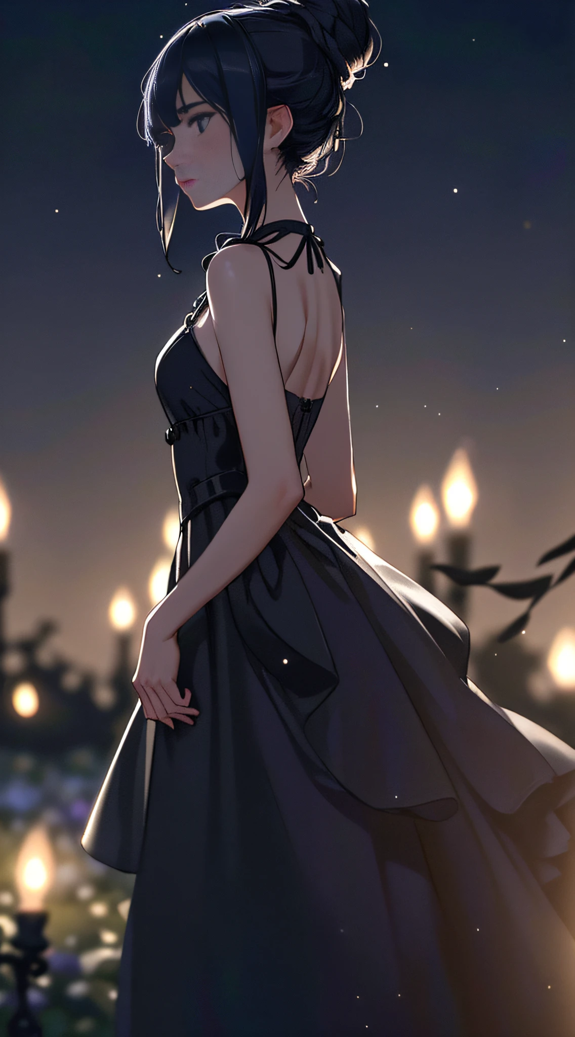 1girl, arms behind back, midnight, starry sky, colored lighting, looking at viewer, black night gown, black gown, messy bun, party, garden, black, cocktail dress, evening, lanterns, trimmed bushes, (solo focus, depth of field, ambient lighting, blurry foreground, blurry background:1.3), atmospheric, light flares, intricate details, enhanced lighting