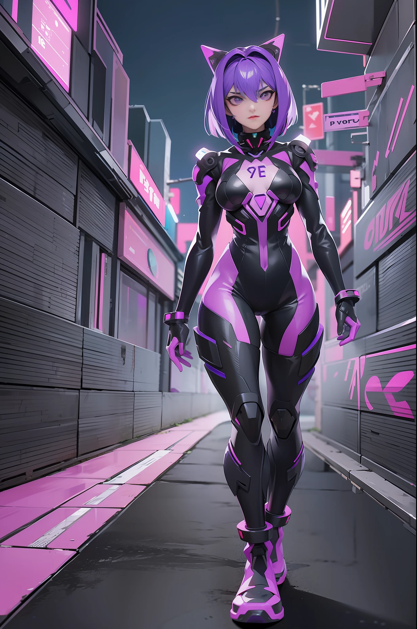 full body picture Unreal Engine 5 8K UHD of beautiful women, byzantine violet Bob hair style, wearing Evangelion black plug suit, half face cyberpunk mask, futuristic neck collar, electric violet neon light details, cyberpunk city, patrolling the city, best quality, masterpiece