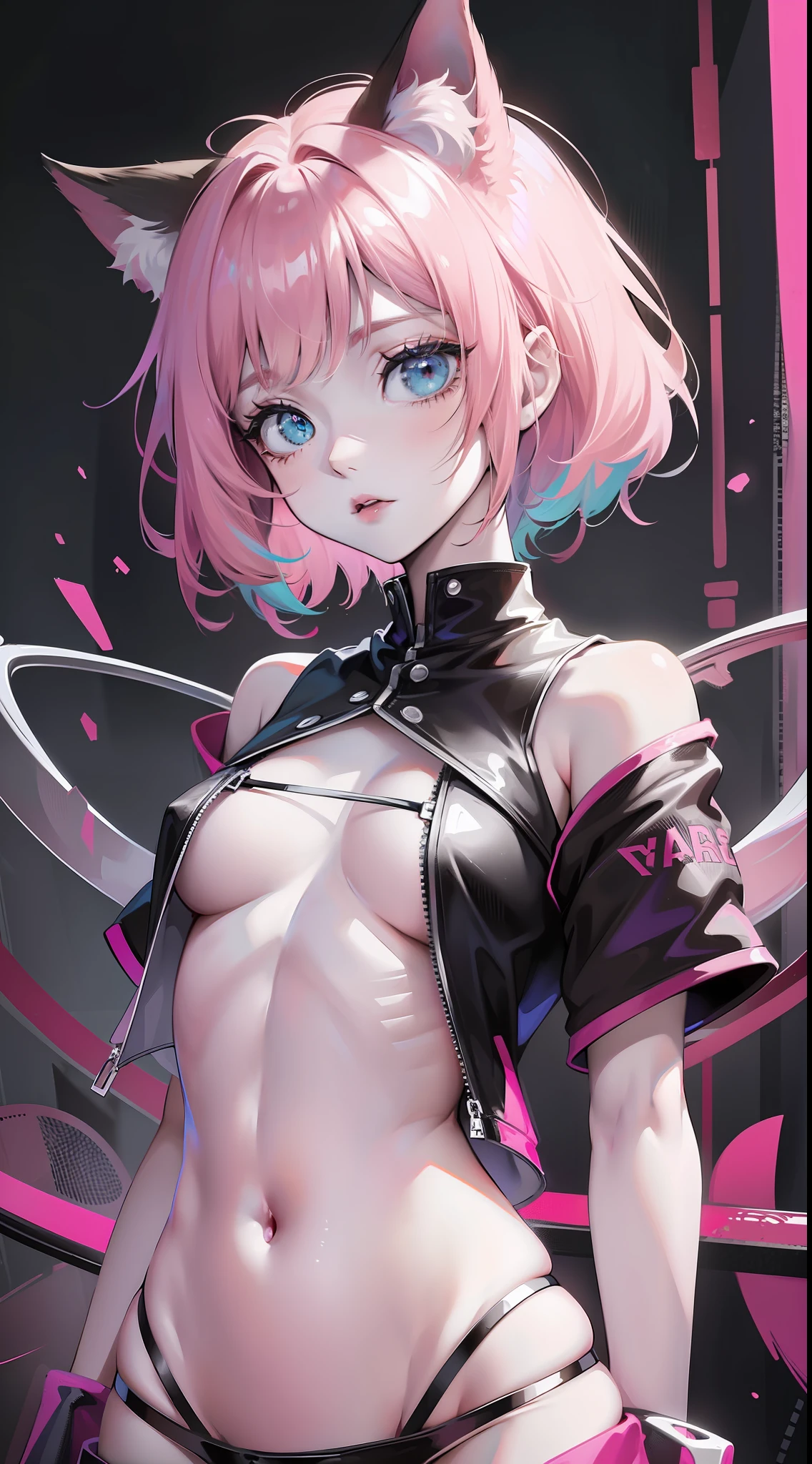 Young girl, short pink hair, cyan eyes, cat ears, pale skin, clothes, open belly, masterpiece, high quality