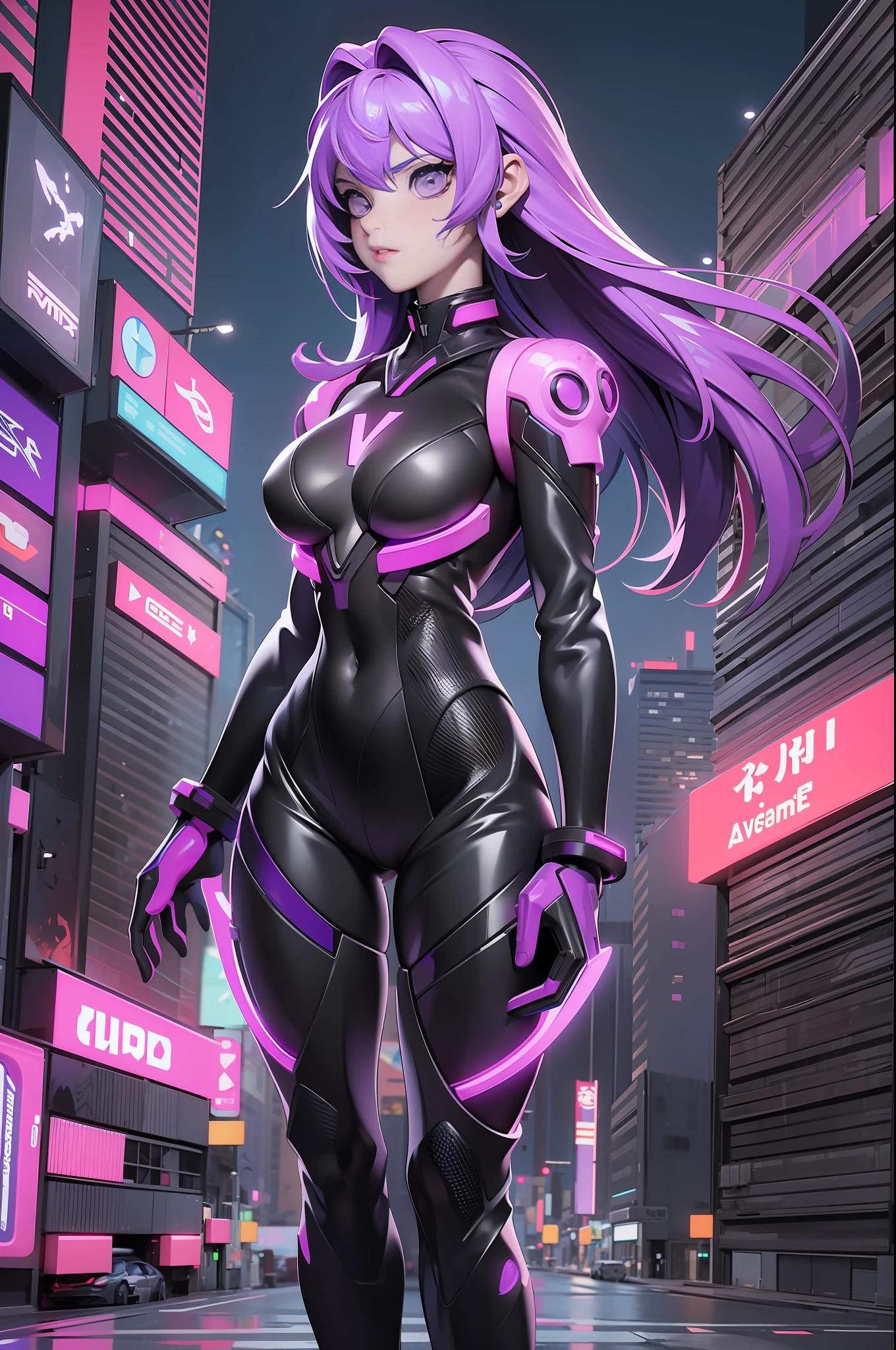 full body picture Unreal Engine 5 8K UHD of beautiful women, byzantine violet Bob hair style, wearing Evangelion black plug suit, half face cyberpunk mask, futuristic neck collar, electric violet neon light details, cyberpunk city, patrolling the city, best quality, masterpiece