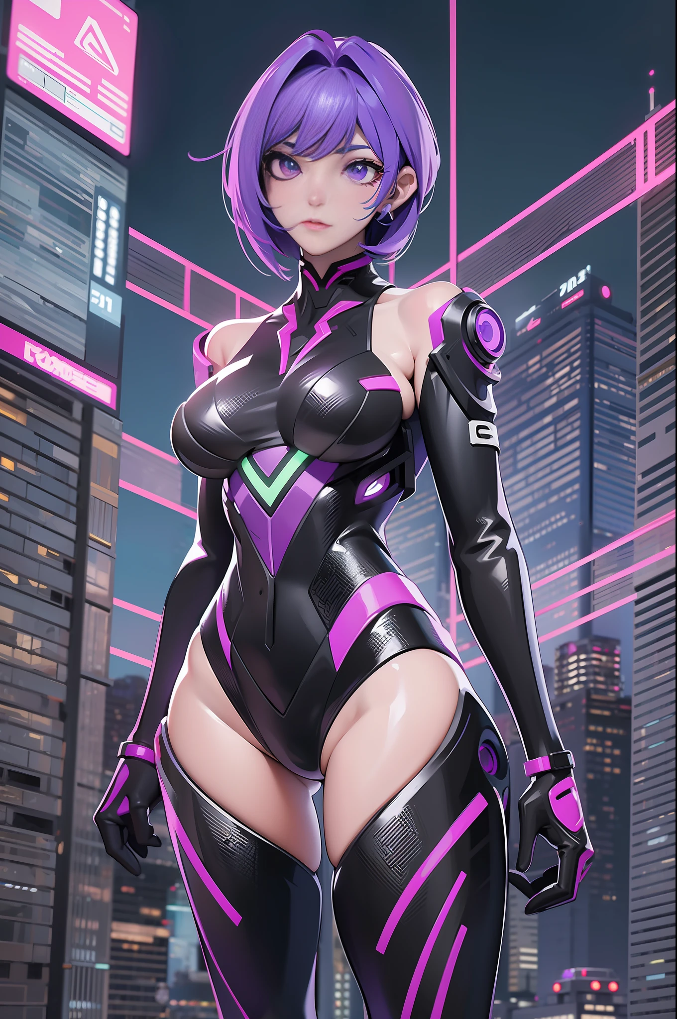 full body picture Unreal Engine 5 8K UHD of beautiful women, byzantine violet Bob hair style, wearing Evangelion black plug suit, half face cyberpunk mask, futuristic neck collar, electric violet neon light details, cyberpunk city, patrolling the city, best quality, masterpiece