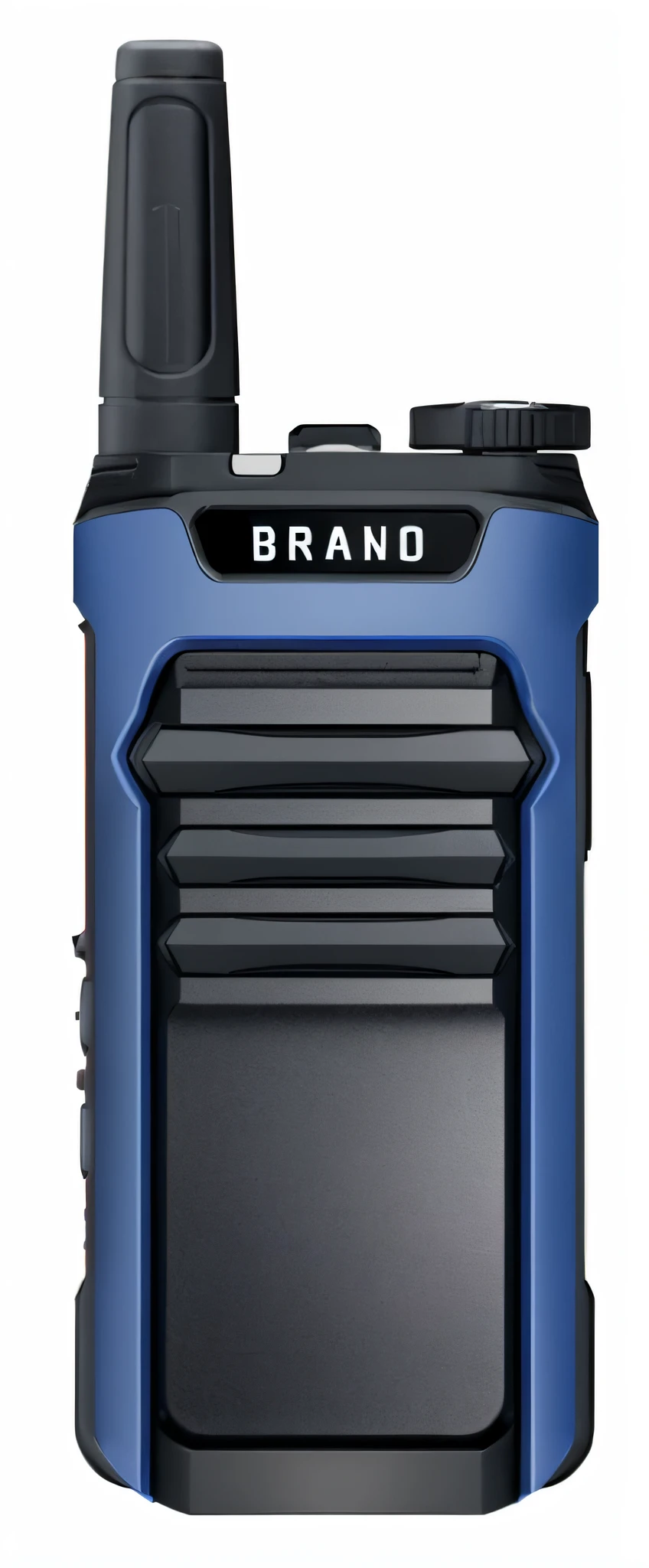 (blue and black walkie-talkie + high detail + clean shadow: 1.2), top view + section view perspective, 1200 dpi, close-up, ultra-accurate product image + brand logo + introduction photo + packaging + product & graphic details, (professional advertising perspective + brand introduction): 1.1