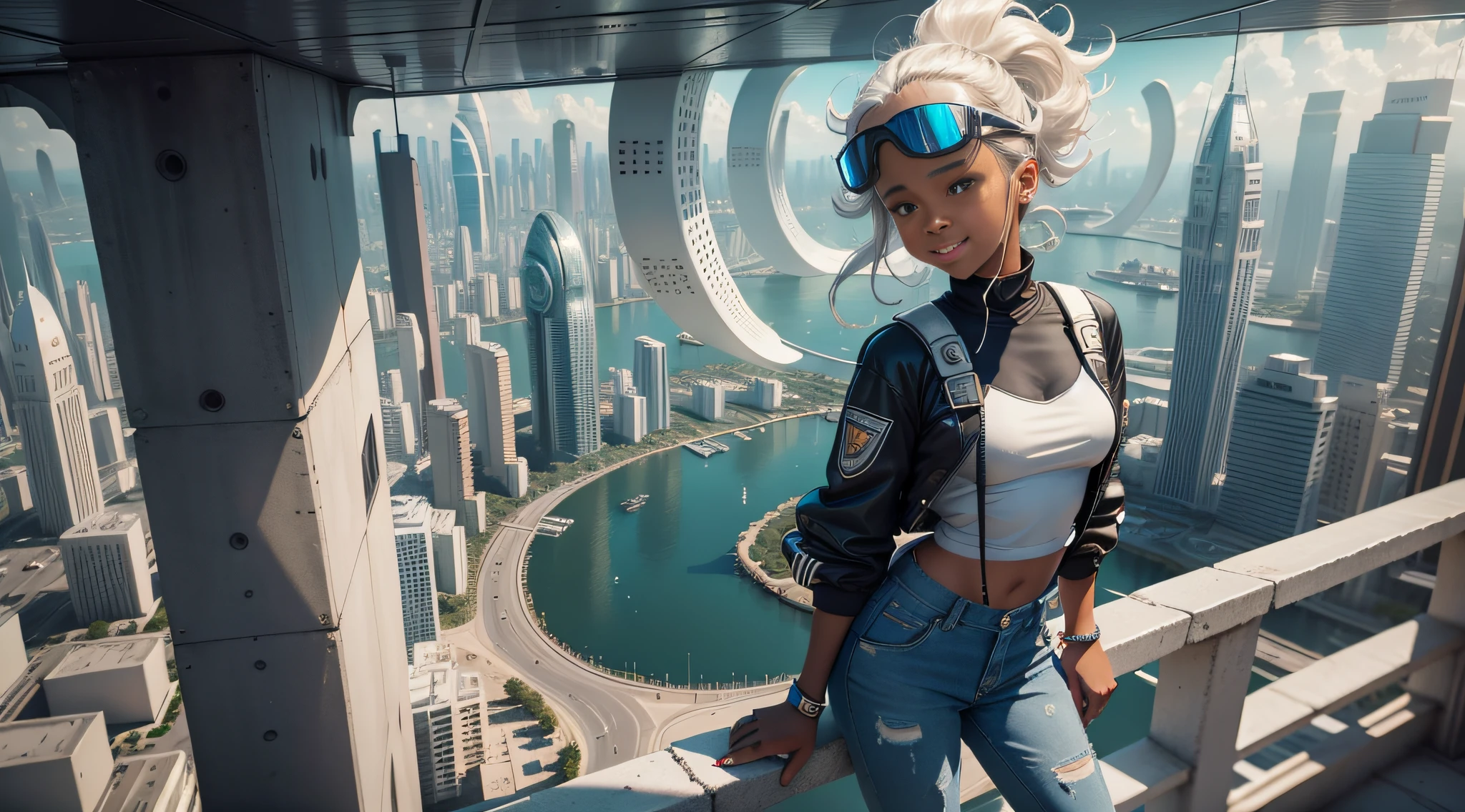 maximum quality, photorealism, 8k, film, high resolution, floating, no gravity, a black skin girl floating next to a white skin boy floating, children, , smiling, with school clothes, jeans, white t-shirt, wearing VR glasses, 8k, full body, perfect hands, 5 fingers, intricate details, foreground, general plan, 8k, external,  floating, 8k, maximum quality, 8k, background below a futuristic city, winding buildings, metal, glass, concrete, dramatic light, view from above, general plan, medium depth of field, lomography, neon, maximum quality, beautiful, masterpiece, photorealism, 8k, realistic texture high resolution, film grain, film, cinematic