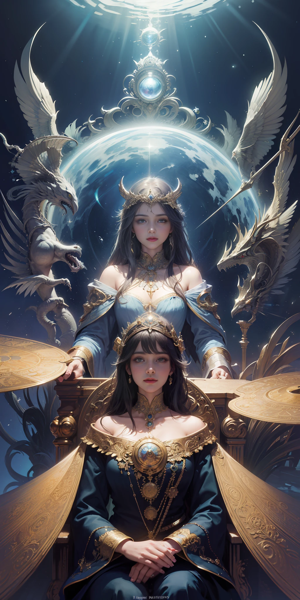 (((highest image quality, best quality, masterpiece, transcendent beauty))), best detailed skin, photorealistic, complex background, cinematic, upper body, puddle, majestic mountains, magician, blue world, sitting sideways, over-technology, world of machines and magic, mandala, Alphonse Mucha, Bauhaus