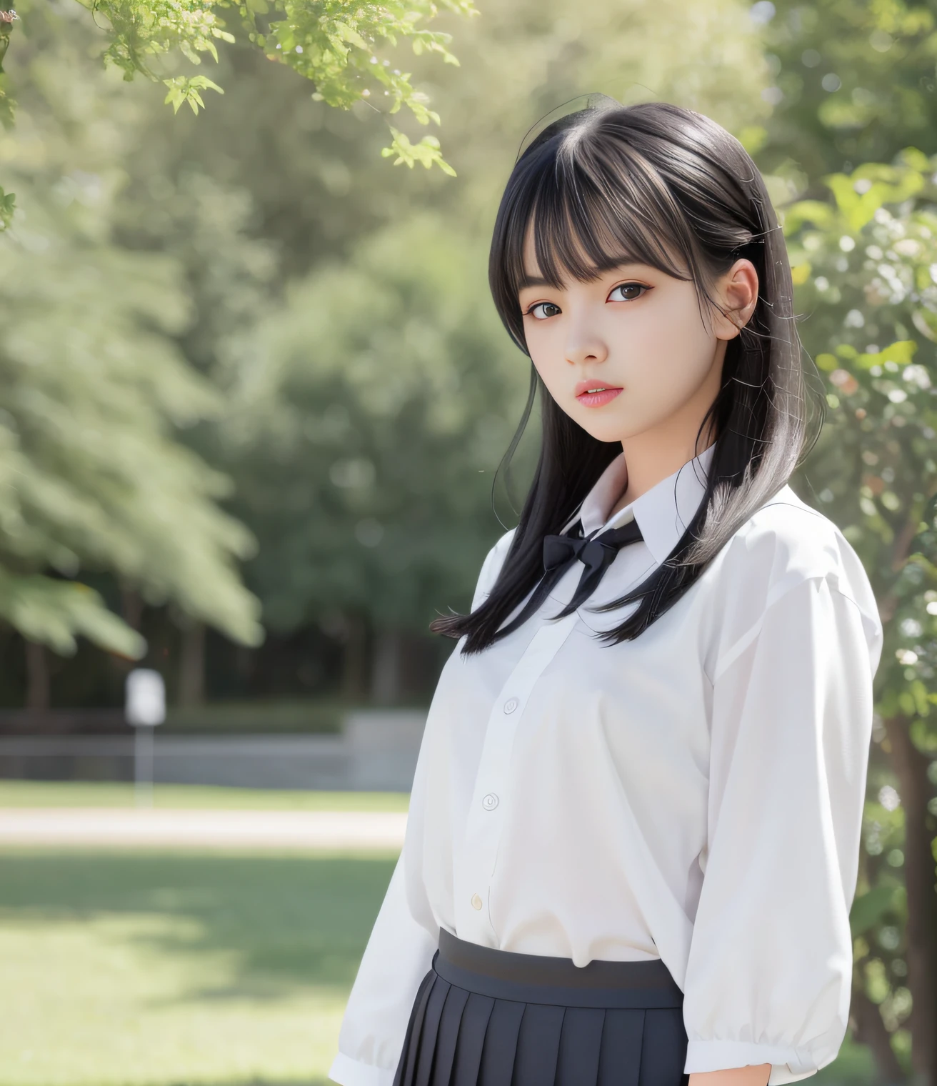 4k,best quality, masterpiece, Black hair,detailed, dark eyes, windy, floating hair, campus, upper body, detailed face, summer, trees, sunshine,school uniform,look at viewer,detailed eyes,(realistic:1.2),teenage