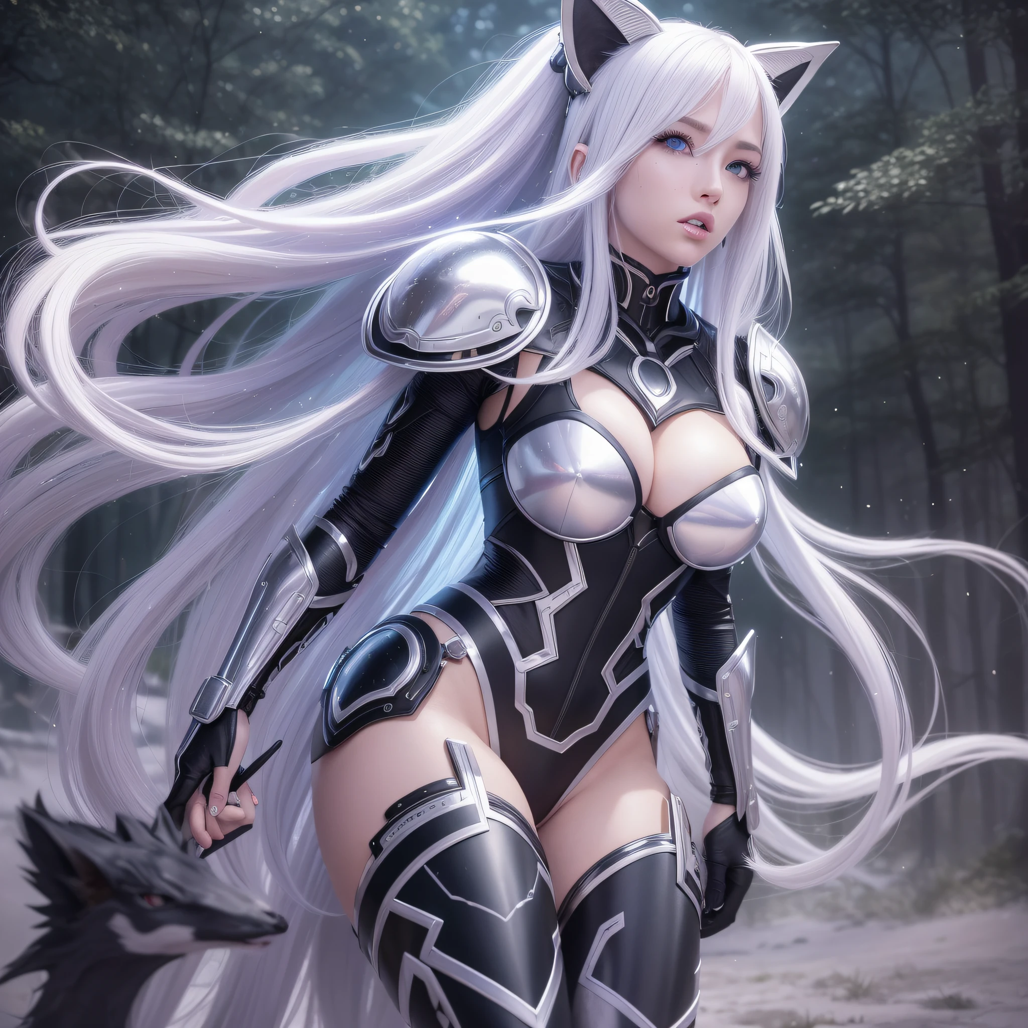 Life like sexy anime cyborg cat girl with long white hair and blue eyes, full body portrait, white and black battle dress, battle armor, life like characteristics,ultra realism,  Soft smile, riding a mystical black dragon,apocalyptic background, naughty pose, hyper realistic, 3 d anime realistic, advanced digital anime art,extremely detailed art germ, 8k high quality detailed art, solo,full body portrait, amazing beauty,, dynamic pose, delicate face, vibrant eyes, (from the front), silver hair, streaked hair, very long hair, expressive hair, multicolored eyes, aqua eyes, purple eyes, fox ears,heart earrings, earrings, light smile, shy, blush, parted lips, licking lips, heavy breathing, naughty face, naughty, sparkle, god rays, super detail, high quality, anatomically correct, textured skin, best quality,full body portrait,silver wolf,seen from below,guweiz on artstation pixiv, forest back ground, resolution 4098x2160, 8k --auto --s2