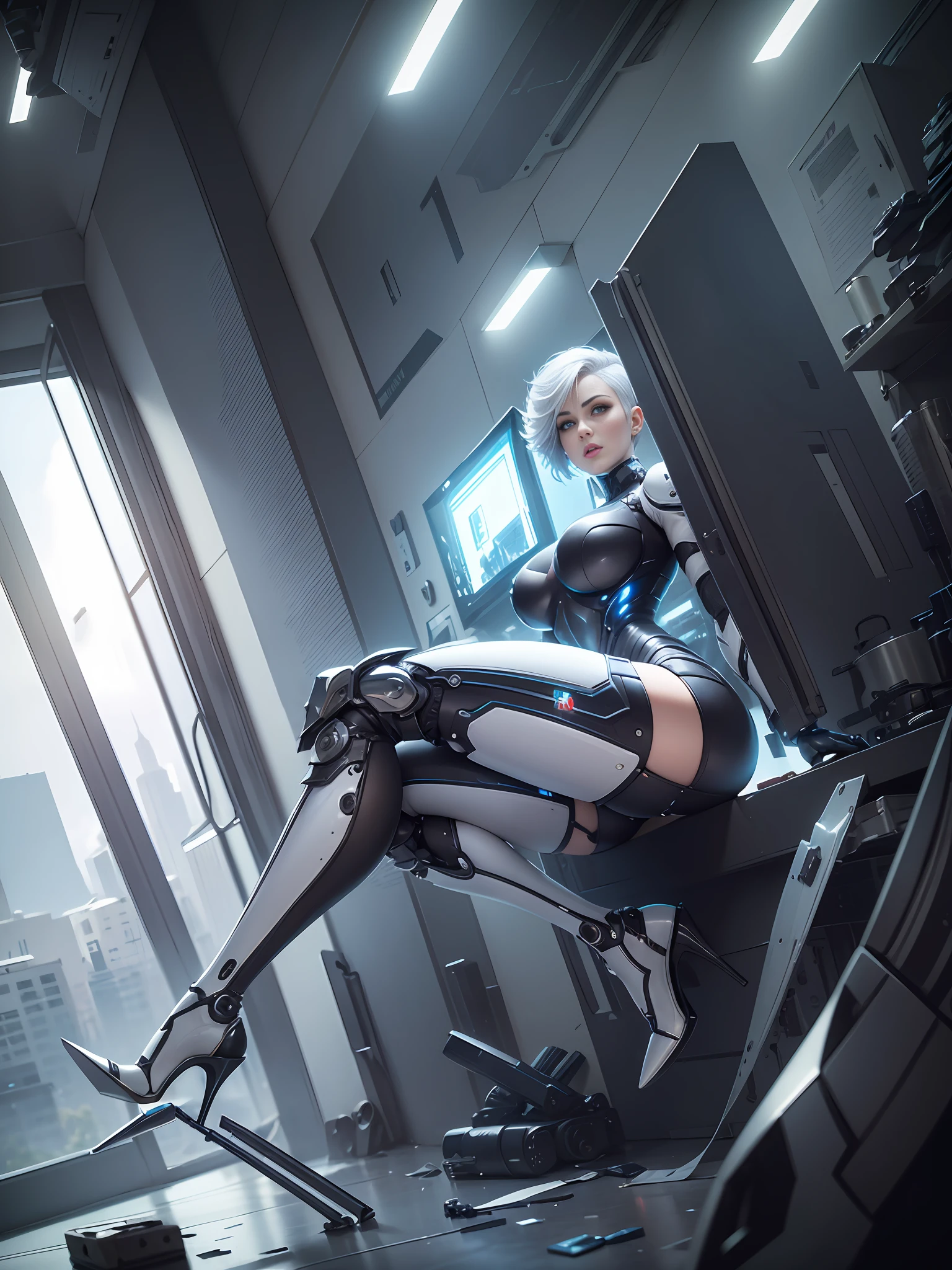 (8k, masterpiece, best quality), super detail, beautiful fine eyes with beautiful details, exquisite and detailed face, beautiful face, high quality, high resolution, beautiful hairstyle, realistic eyes, beautiful detailed eyes, (realistic skin), robot girl in sexy costume, wearing exposed, huge breasts, upper part of breasts not covered, white transparent tights, single, expressionless, white men's short hair hairstyle, mechanical prosthetics, mechanical legs, high stiletto heeled boots, sexy, unreal 5, Scene: Inside a high-tech glass container, attention, Lens: Full body --auto --s2