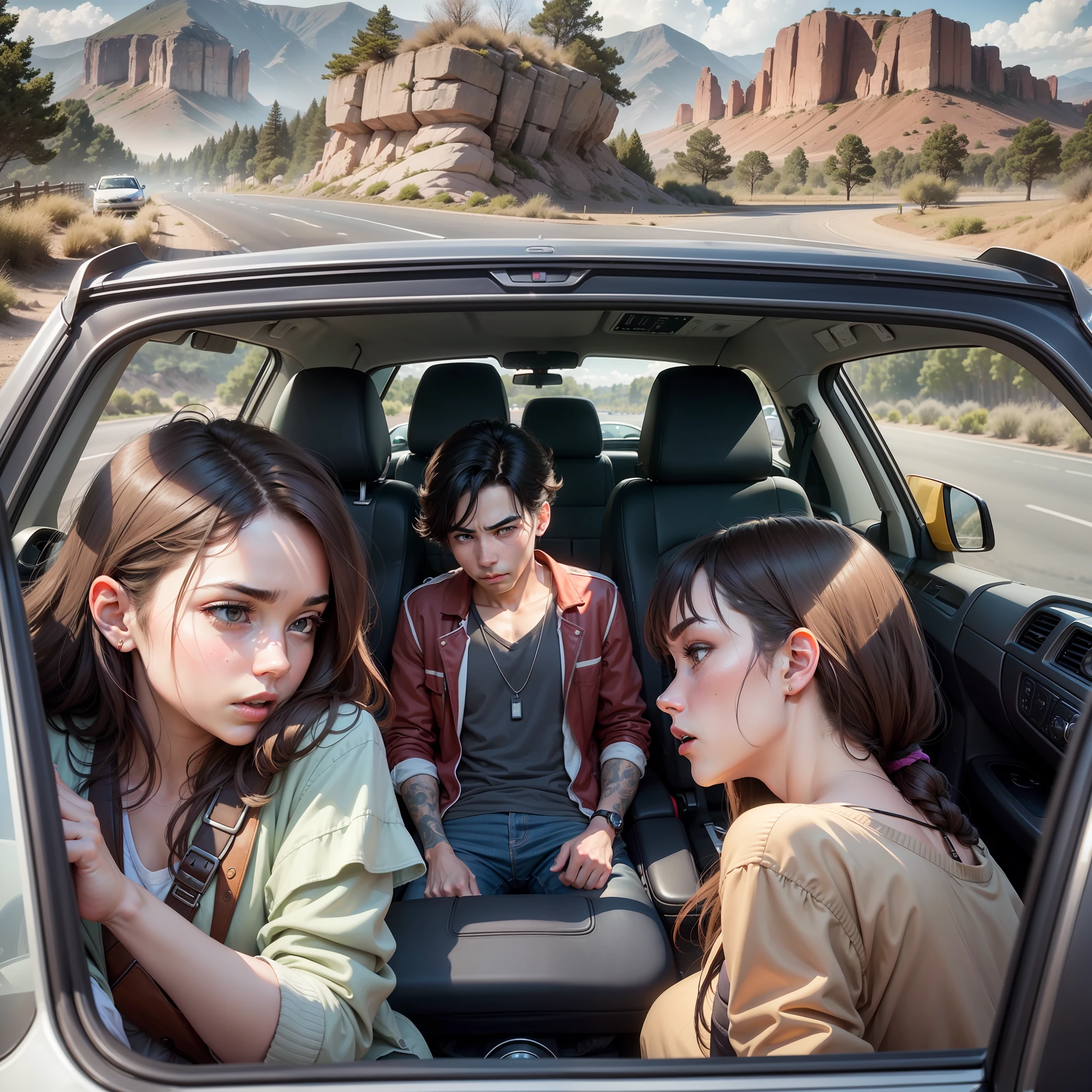We were a group of six, Four men and two women, Meet for a road trip, Yet when we met, Another girl was hostile to me, He rolled his eyes, Wide-Angle, wide shot, motion blur, dithering, UHD, high details, high quality, highres, ccurate
