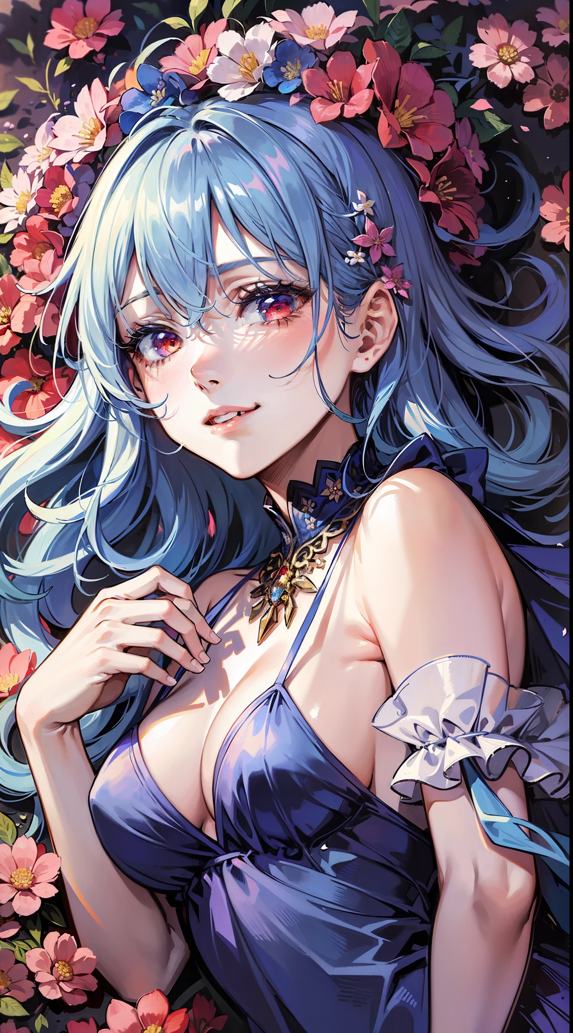 Best quality, ultra high resolution (photorealistic: 1.4), 1 girl, masterpiece, outdoor, full body, surrounded by petals, lying on the ground, old blue hair and red eyes like rubies, smile Friendly and light blue dress of silk, satin and chiffon