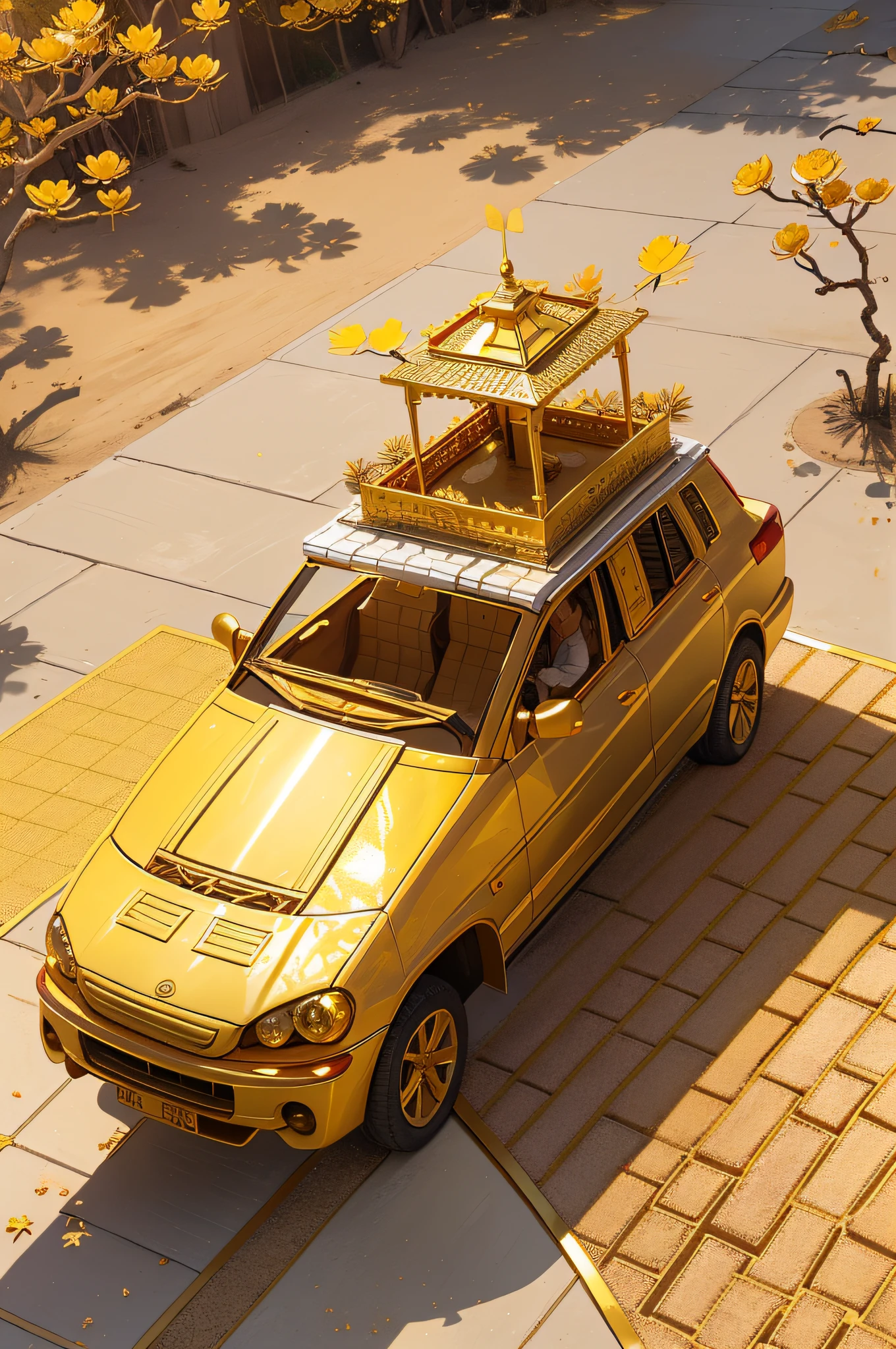Golden sky, the ground is covered with gold bricks, square gold bricks, the ground is as flat as a mirror, a pool covered with golden sand, no walls, lotus flowers as big as wheels, colorful lotus flowers, people in the sky, with five Buddha crowns, golden agate, golden marble, golden buildings, red agate, colorful glass, silver branches