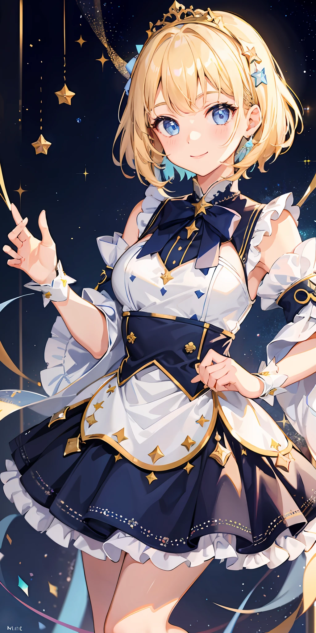 1girl, bright, blonde, light blue eyes, star motif, moon motif, short hair, uniform bangs, multicolored hair, princess, saleme, side lights, light particles, wallpaper, big, plump, idol, idol costume, cute costume, fabulous outfit, dress, loose, fluffy, smile, gentle, clear,