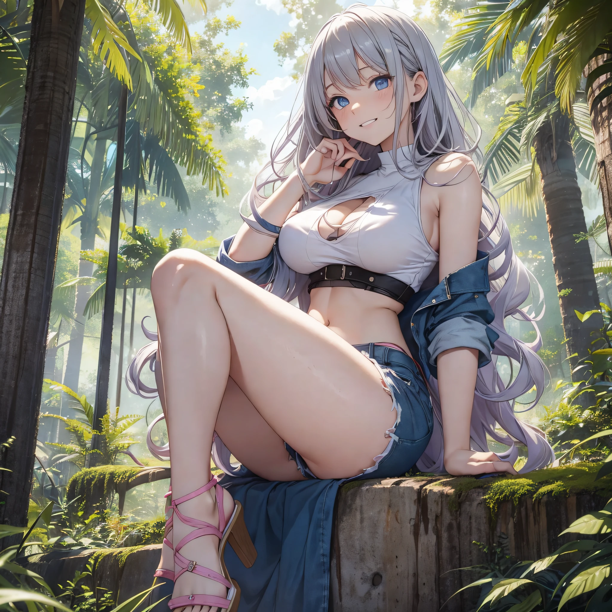 whole body, The girl is in the center of the frame, thick_thighs, muscular, girl,woman,female, young,20 years old, very long hair, wavy hair, grey hair, shiny hair, Beautiful face, smile, clear eyes, upper_teeth, bare_shoulders, fingernails, large_breasts, midriff, , blue eyes, white skin, shorts, sandals, underboob, bare_legs, pink Clothes, outdoors, --auto --s2