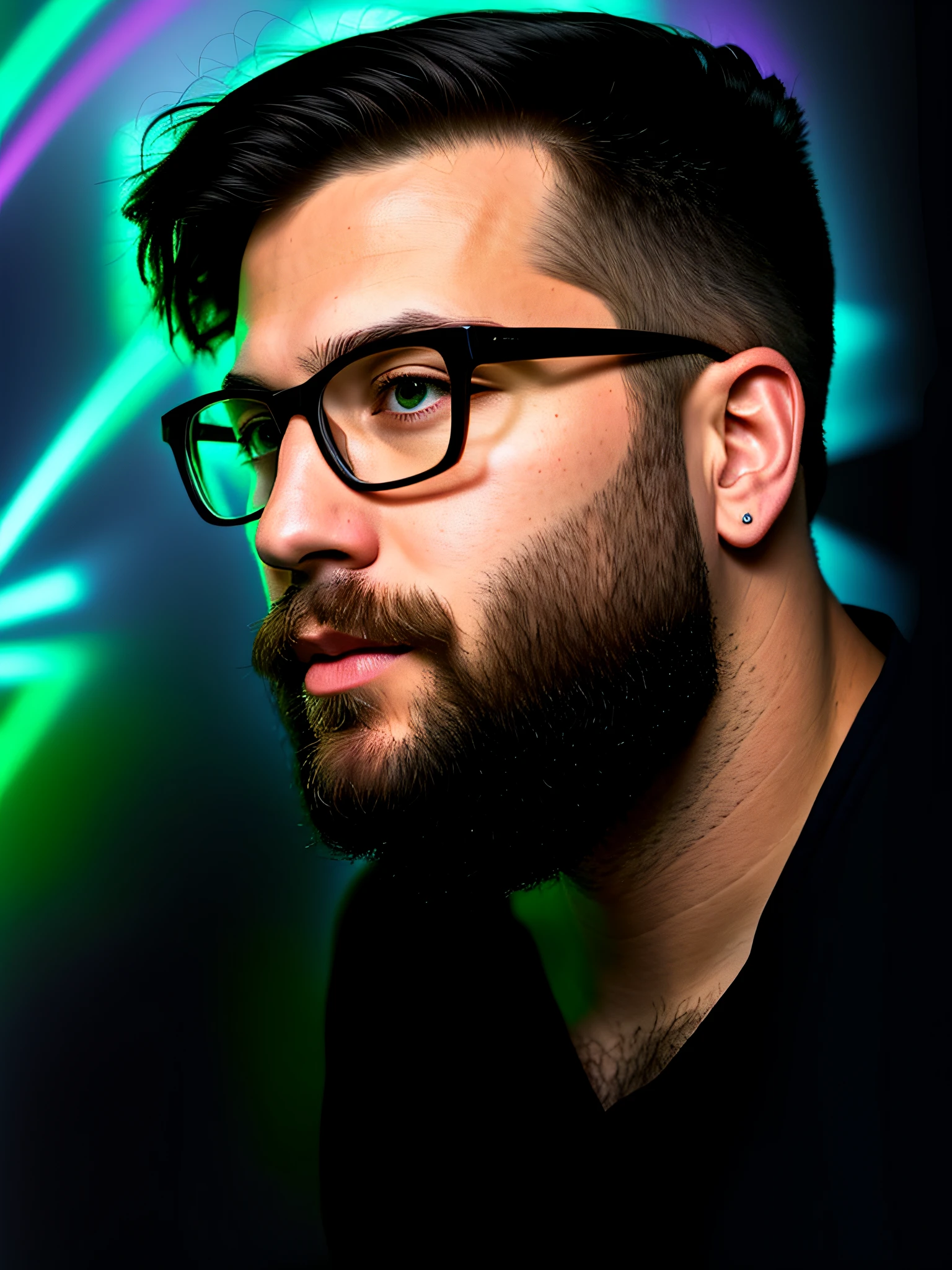 There is a man with glasses and beard in a room, headshot profile picture, profile picture, looking sideways, mid shot portrait, Twitch streamer/gamer Ludwig, very high quality image, illuminated from the side, looking to the side outside the camera, taken in early 2020, halfbody headshot, anime style, Brazilian flag in the drawn corner --auto --s2
