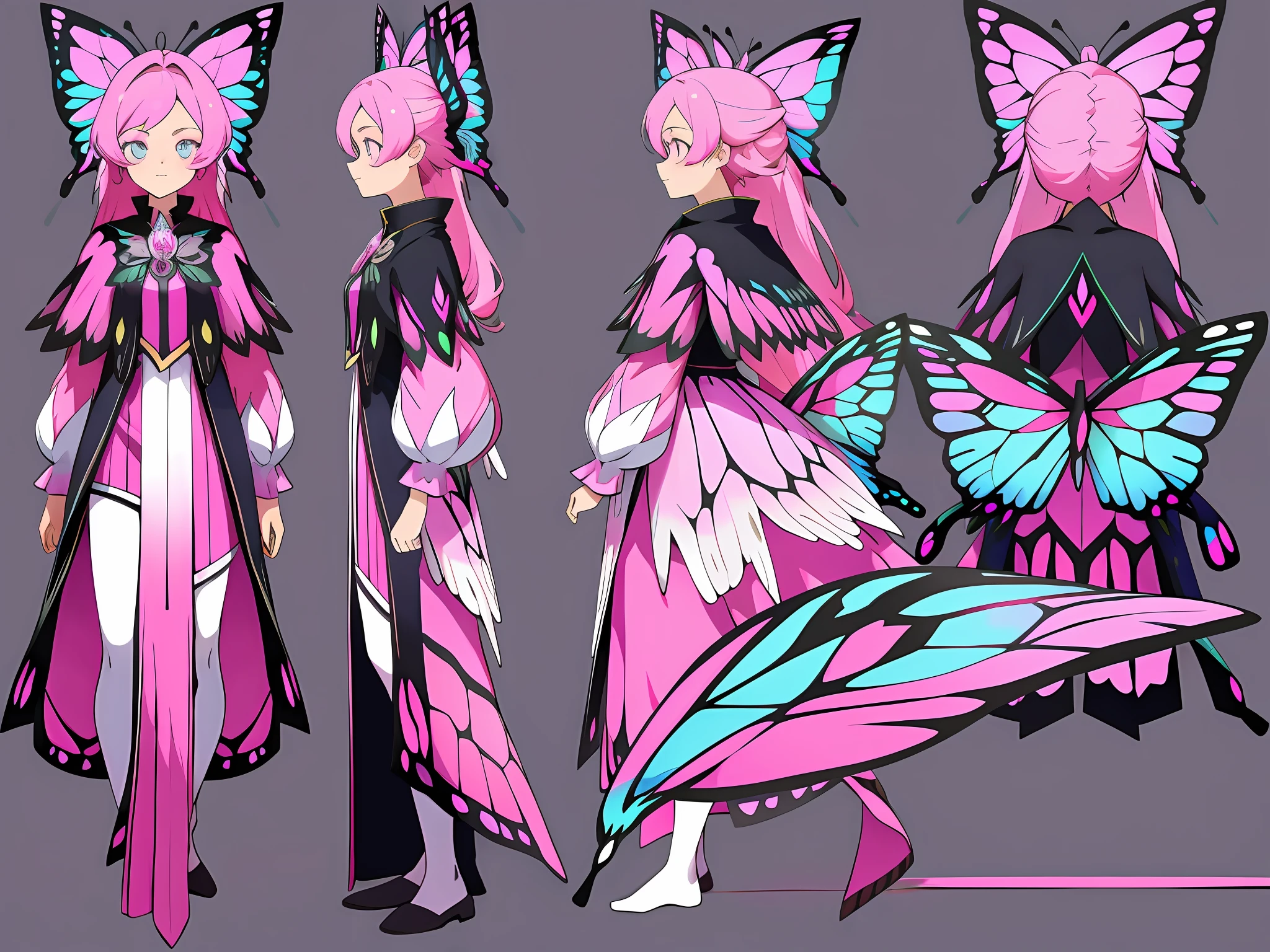 ((masterpiece)),(((best quality))),((character design sheet,same character,front,side,back)),illustration,1 girl,long hair,hair on eyes, colorfull hair,beautiful eyes,environment Scene change, pose too, pink color palette, neon colors, female butterfly, butterfly antennae, magician, holds a crosier, charturnbetalora, 8k,16k, (simple background, white background: 1.3)