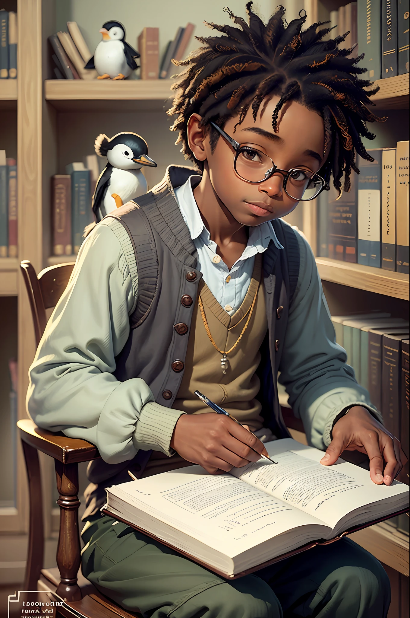 Painting by Jean-Baptiste Monge depicting a black boy with a small penguin reading book in the library, (Pixar Style)++, Jean-Baptiste Monge, inside the library, bookshelves, reading tables, books --Ar 2:3 --testp -optimist; --auto --s2