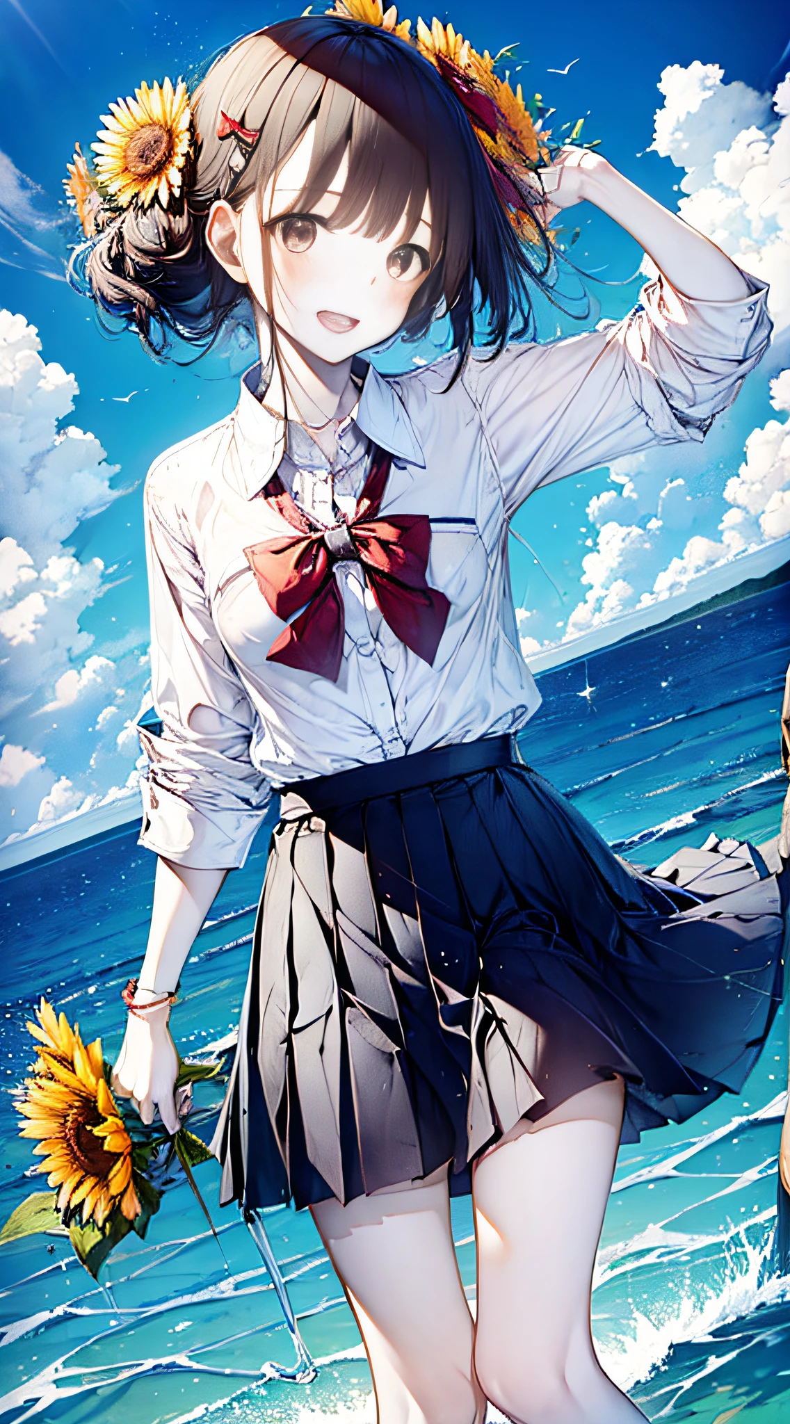 1girl, :d, air_bubble, arm_up, bangs, bare_legs, barefoot, beach, blue_skirt, blue_sky, blush, boat, bow, bowtie, breast_pocket, breasts, brown_eyes, brown_hair, bubble, caustics, cloud, cloudy_sky, collarbone, collared_shirt, day, dress_shirt, earth_\(planet\), eyebrows_visible_through_hair, floating_hair, flower, hair_flower, hair_ornament, hairclip, holding, holding_flower, horizon, island, lake, leg_up, long_hair, looking_at_viewer, medium_breasts, mountain, mountainous_horizon, ocean, open_mouth, orange_flower, outdoors, pink_flower, pleated_skirt, pool, poolside, red_bow, red_bowtie, red_flower, river, sand, school_uniform, shallow_water, shirt, shore, short_sleeves, signature, skirt, skirt_hold, sky, smile, solo, splashing, standing, standing_on_one_leg, striped, striped_bow, striped_bowtie, sunflower, sunflower_hair_ornament, sunlight, swimsuit, teeth, upper_teeth, wading, walking_on_liquid, water, water_drop, watercraft, waves, wet, white_flower, white_shirt, yellow_flower