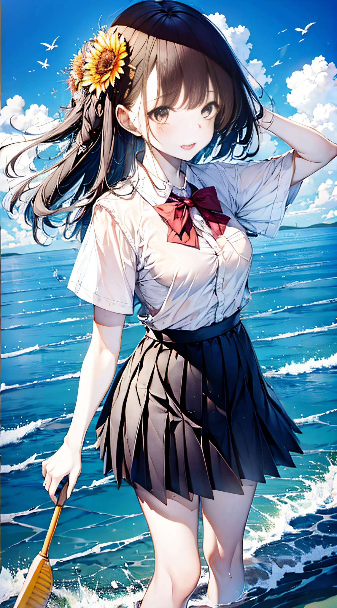 1girl, :d, air_bubble, arm_up, bangs, bare_legs, barefoot, beach, blue_skirt, blue_sky, blush, boat, bow, bowtie, breast_pocket, breasts, brown_eyes, brown_hair, bubble, caustics, cloud, cloudy_sky, collarbone, collared_shirt, day, dress_shirt, earth_\(planet\), eyebrows_visible_through_hair, floating_hair, flower, hair_flower, hair_ornament, hairclip, holding, holding_flower, horizon, island, lake, leg_up, long_hair, looking_at_viewer, medium_breasts, mountain, mountainous_horizon, ocean, open_mouth, orange_flower, outdoors, pink_flower, pleated_skirt, pool, poolside, red_bow, red_bowtie, red_flower, river, sand, school_uniform, shallow_water, shirt, shore, short_sleeves, signature, skirt, skirt_hold, sky, smile, solo, splashing, standing, standing_on_one_leg, striped, striped_bow, striped_bowtie, sunflower, sunflower_hair_ornament, sunlight, swimsuit, teeth, upper_teeth, wading, walking_on_liquid, water, water_drop, watercraft, waves, wet, white_flower, white_shirt, yellow_flower