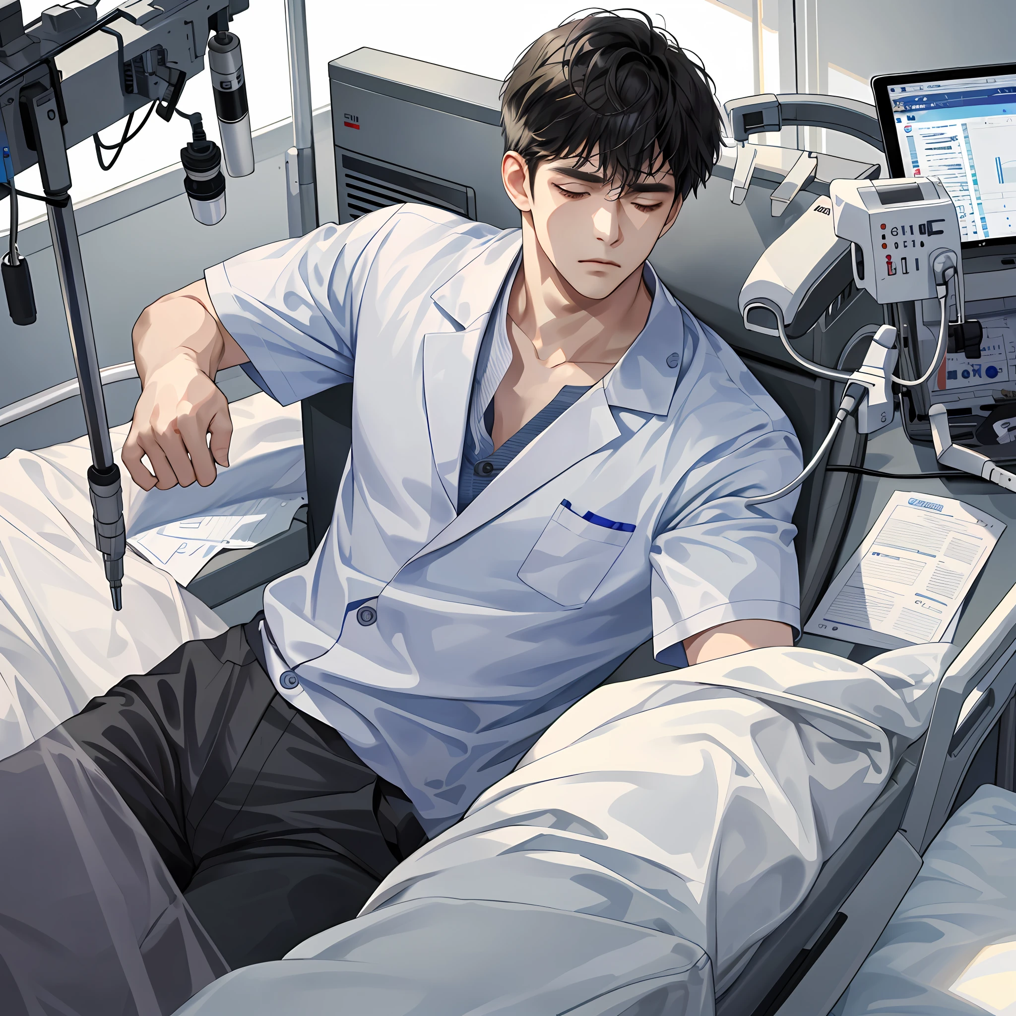 Masterpiece, high quality, best quality, HD, realistic, perfect lighting, detailed face, detailed body, 1 man, short black hair, patient's clothing, (sad expression: 1.5) (face pain: 1.5), lying on a hospital bed, injections, eyes closed, surrounded by medical instruments