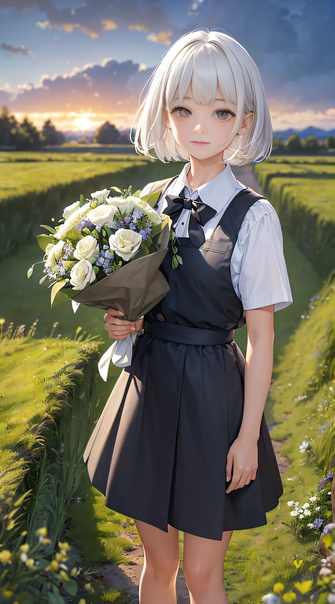 ((masterpiece,best quality,ultra detailed)),(painterly),(facing viewer),((dusk)),Depth of Field,pov,tussock,overgrown,cloud sky,(dark sky),((backlighting)),(wind),1girl,looking at viewer,full body,(holding bouquet),(school uniform),(white hair),(black eyes),(medium hair),(bowl cut),light smile,HDR,high contrast