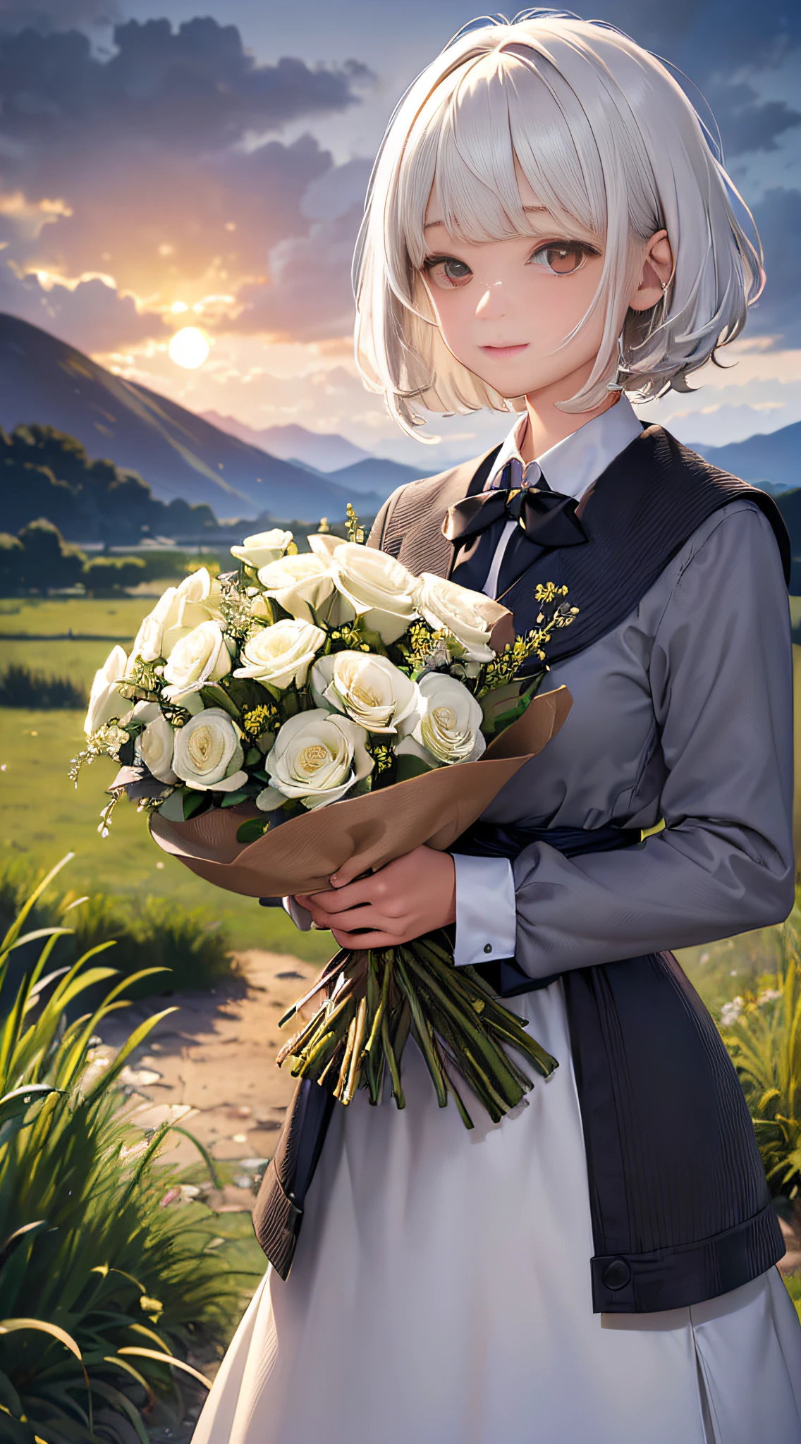 ((masterpiece,best quality,ultra detailed)),(painterly),(facing viewer),((dusk)),Depth of Field,pov,tussock,overgrown,cloud sky,(dark sky),((backlighting)),(wind),1girl,looking at viewer,full body,(holding bouquet),(school uniform),(white hair),(black eyes),(medium hair),(bowl cut),light smile,HDR,high contrast