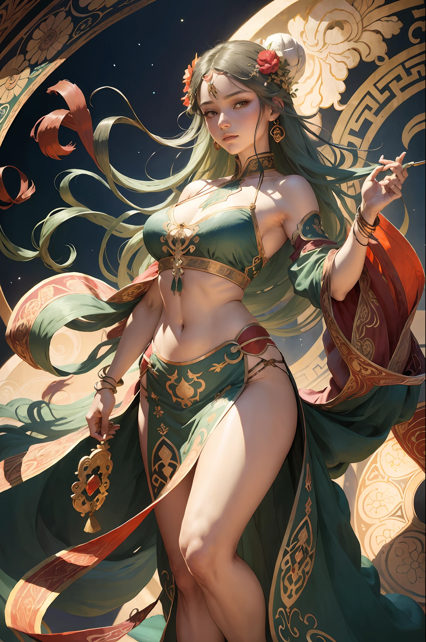 (Alphonse Mucha: 1.4), facial portrait of a European beauty, dancing, long hair, red and green gradient hair flower decoration, (few clothes: 2), (detail +Intricate details: 1.2), 4K, abstract art, body is proportional, line art, side face, color, Fibonacci, an ancient Chinese beauty, gorgeous costume embroidered with intricate embroidery, transparent colored streamers tied on arms, flowing, navel, bare shoulders, bare neck coiled hair bun, flower hairpin, arm ring tied with streamer, bracelet, anklet, metal chain tassel tied around the waist, Mogao cave art, Dunhuang flying sky mural inspiration, ink, cgstation popular --v 6